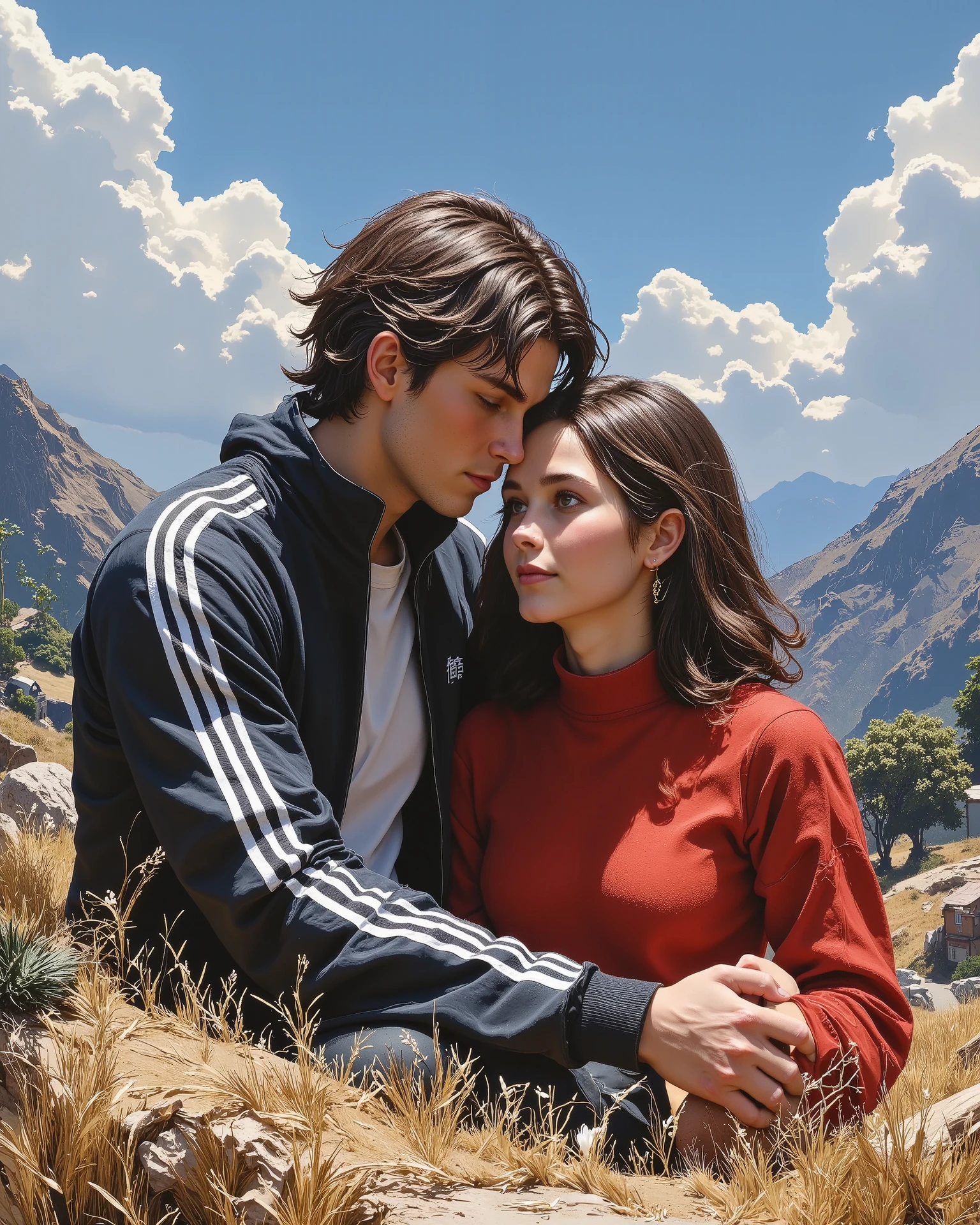 romantic scene featuring a young couple sitting close together in a vast open field, leaning on each other affectionately. The male character has wavy, tousled dark brown hair, wearing a black sporty jacket with a white stripe along the sleeves. The female character has shoulder-length, messy brown hair, wearing a cozy, oversized red sweater. Both characters have soft, warm facial expressions with a peaceful, relaxed posture. Behind them lies a scenic mountain range with earthy green and orange hues, a bright sky with soft clouds, and distant houses in a valley. The image has a semi-realistic style with painterly textures, bold outlines, and rich, saturated colors. The artwork emphasizes thick, defined linework, smooth shading, and subtle blush on the characters' faces. Ultra-detailed 4K resolution, cinematic lighting, soft focus on the background, with crisp, sharp detailing on the couple. Couple should look side wise but not in the image or camera