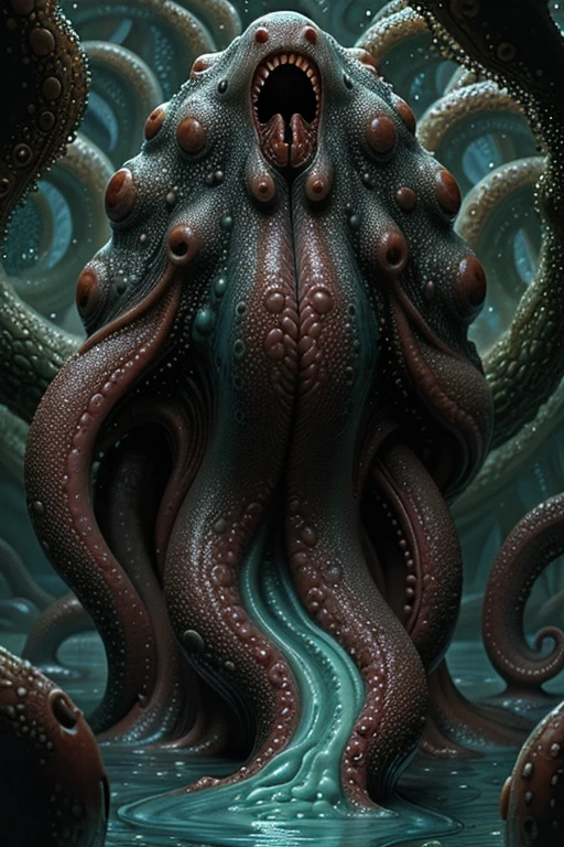 arafed image of a man standing in front of a giant octopus, cthulhu rising from the ocean, gigantic cthulhu, giant cthulhu, photo of cthulhu, cthulhu squid, dan mumford tom bagshaw, dan mumford. octane render, call of cthulhu, dan mumford. concept art, leviathan cthulhu squid, cthulhu, inspired by lovecraft, lovecraftian horror
