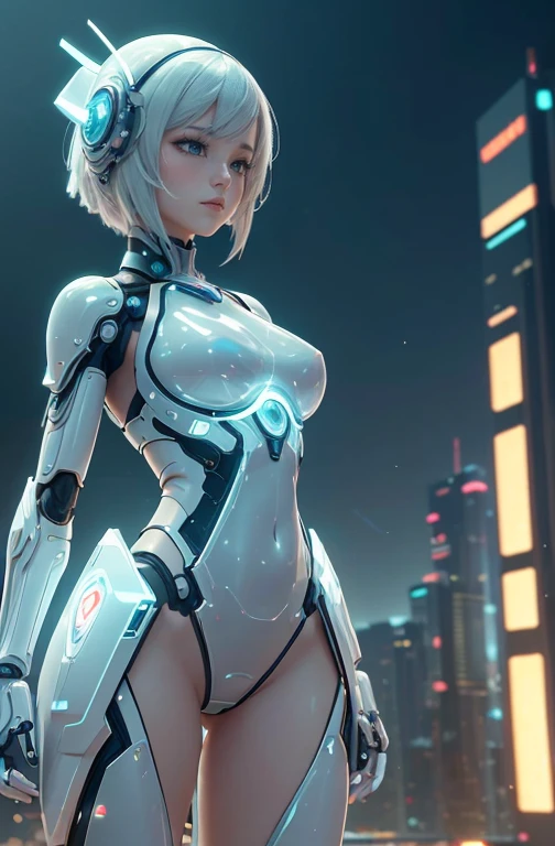 masterpiece, best quality, 1girl, white, humanoid robot, cyberpunk, neon, cleavage, waifu, photorealistic, big ass, big berast ,