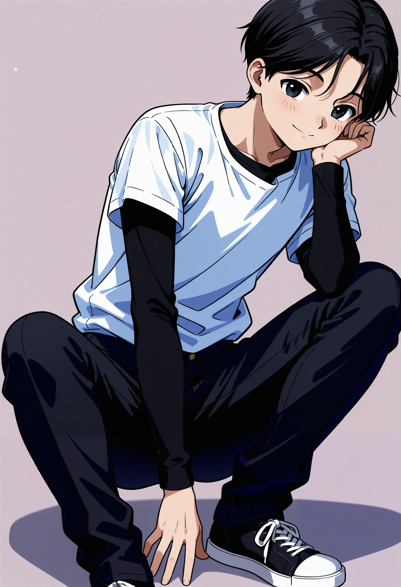 Boy, black hair, black eyes, smile, cute, black short-sleeved shirt, black pants, femboy