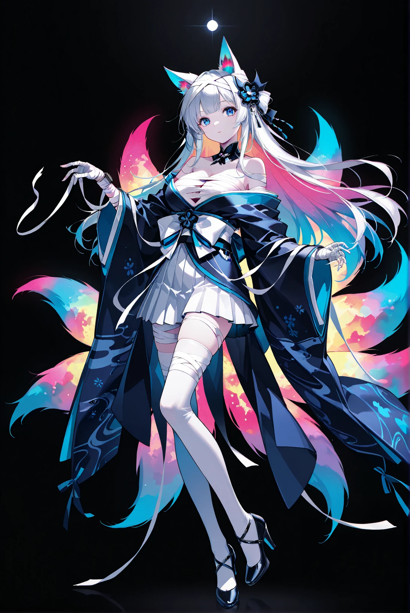 ,(mummy:1.3),(一個包裹whole body的繃帶 :1.3,),,limited palette, Black Background ,Colorful, vivid colors ,Flashing silhouette ,neon,black light ,watch,  Masterpiece,  very beautiful ,, （ stands，whole body， high heels:1.7)，aashina, long hair, animal ears, hair ornament,  blue eyes, breasts, multiple tails, detached collar, bare shoulders, off shoulder, cleavage, japanese clothes,  blue kimono , wide sleeves, pleated skirt, white skirt, white thighhighs
