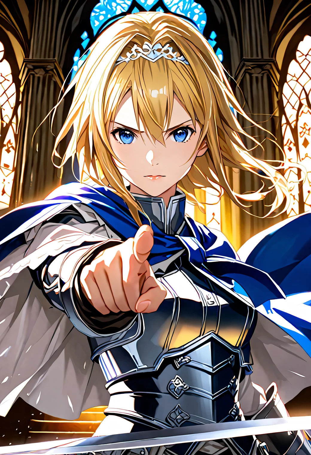 Beautiful anime girl Alice Zuberg, golden blonde hair in long braids with blue ribbons, silver-white and blue Integrity Knight armor, ethereal light blue cape, crystal blue eyes with determination, Sword Art Online style, semi-realistic, A-1 Pictures inspired, noble posture, delicate yet strong facial features, ornate golden armor details, flowing fabric physics, medieval fantasy setting, dramatic lighting with blue and gold accents, photorealistic metallic textures, subsurface skin scattering, volumetric god rays, high contrast shadows, fine detail character illustration, regal pose, detailed armor reflections, sword at her side, dynamic composition, masterful rendering, premium quality, cinematic framing