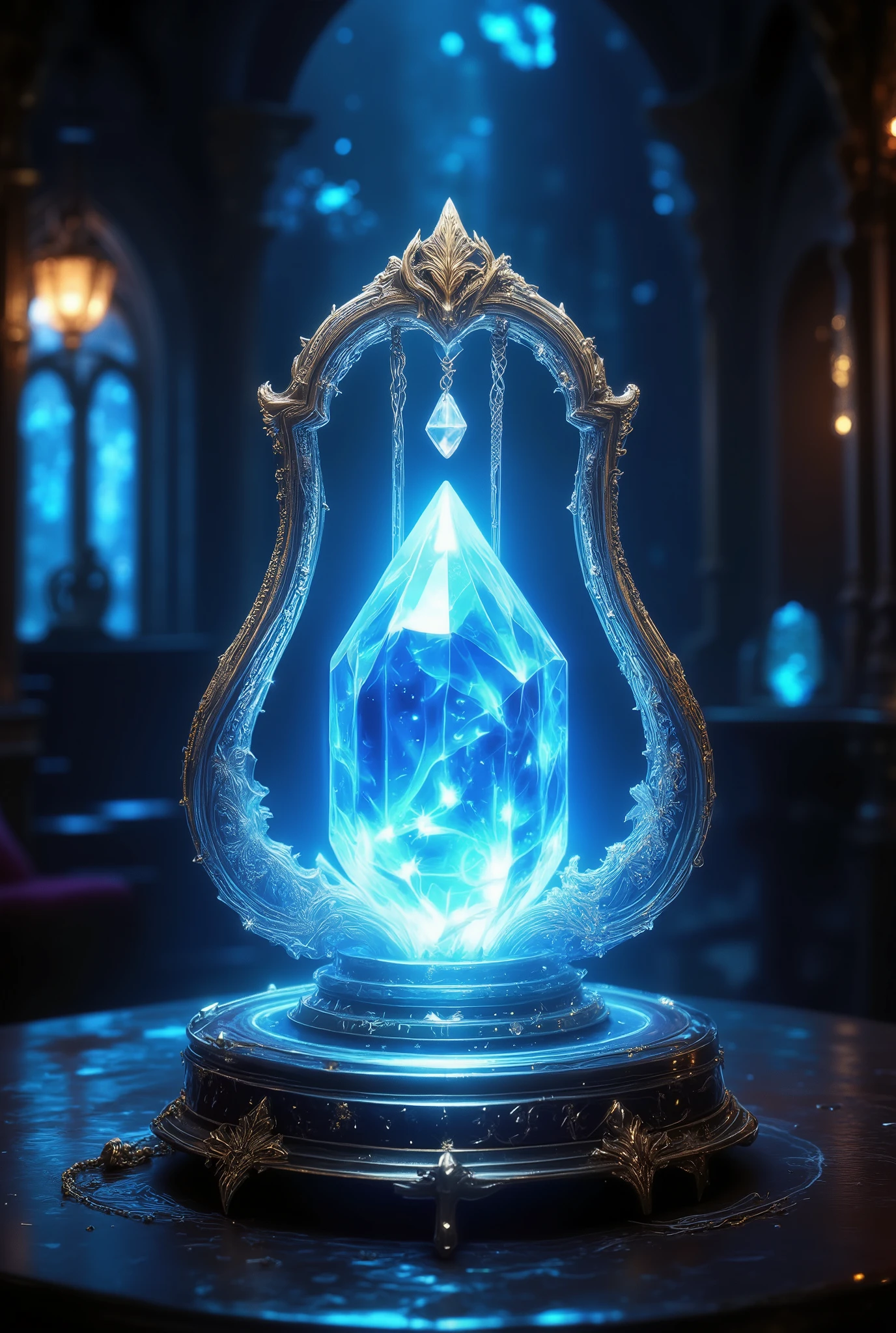 A crystal with clear diamond edges , radiates magical light , in a beautiful arch made of metal bars , similar to a harp and bound in a gold chain, in a beautiful room on the table , fantasy style, a maximum of details , Masterpiece , complicated details, best quality, 8 k, Lots of Details , High definition,