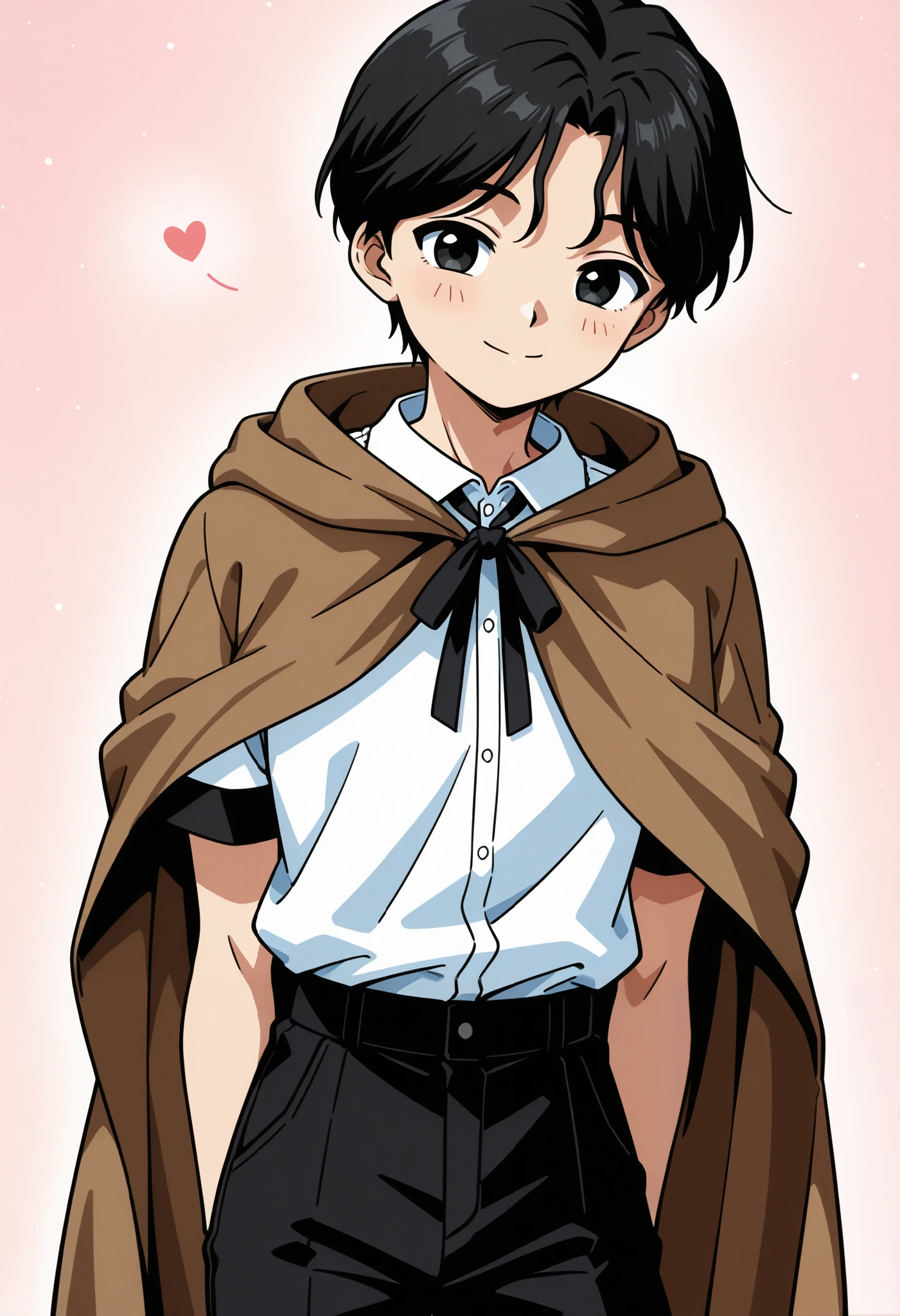 Boy, black hair, black eyes, smile, cute, black short-sleeved shirt, black pants, femboy, trees in the background, wearing a brown cloak