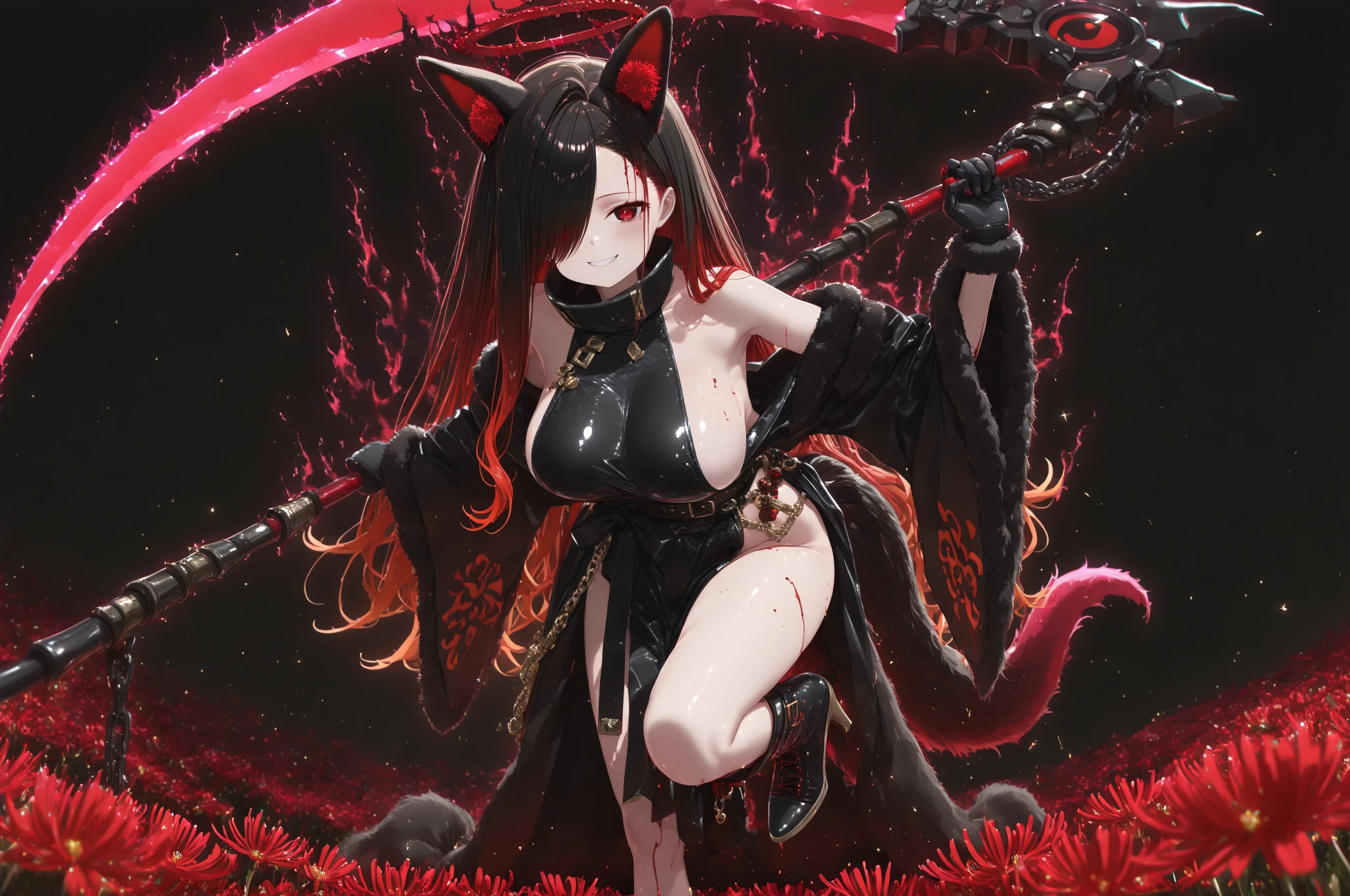 A gigantic black feline beast with white eyes, shadowed, large, solo, tentacles, tendrils, feral, white fire