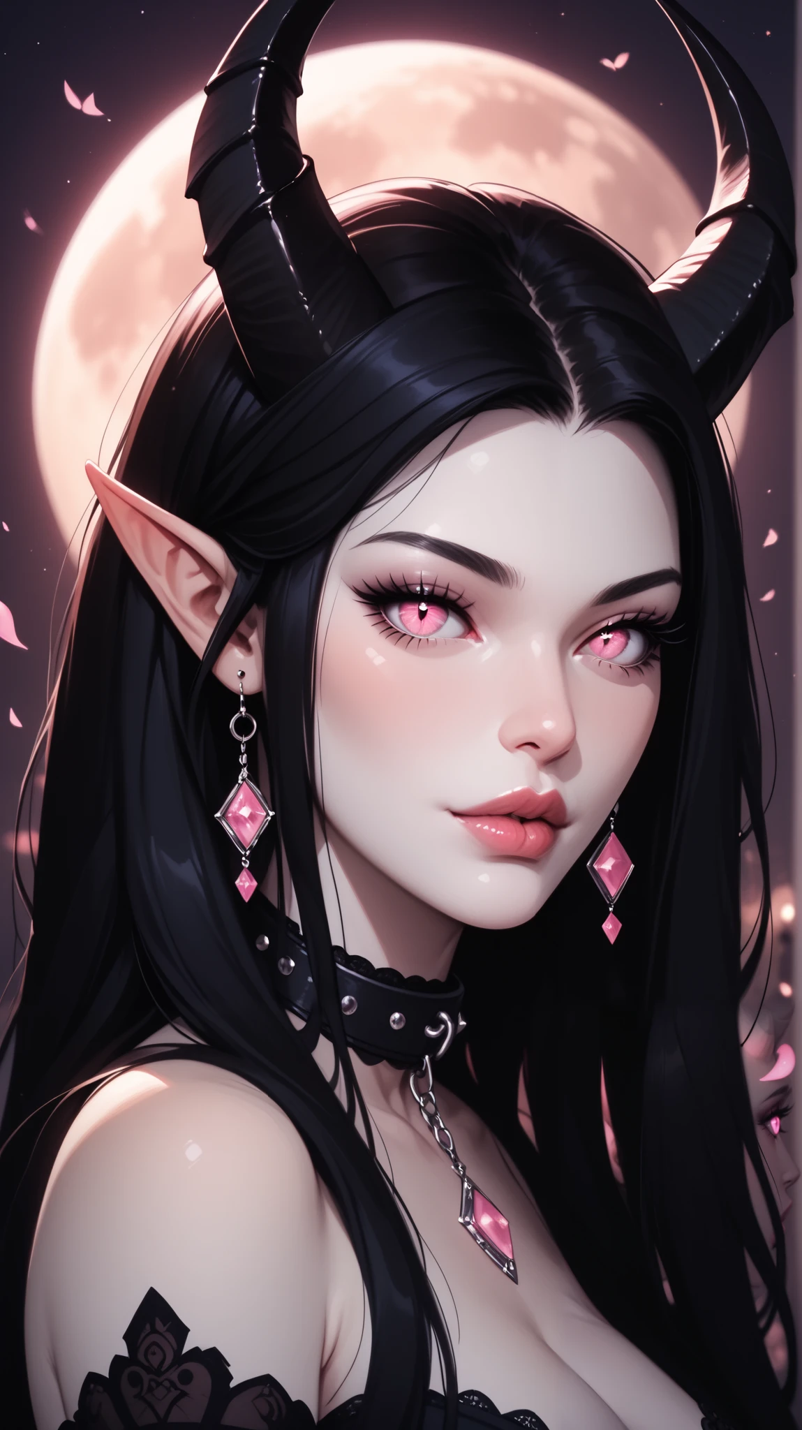 score_9, score_8_ upwards, score_7_ upwards, score_6_ upwards, score_5_ upwards, ((( beautiful , high quality))), looks towards , portrait, score_9, score_8_ upwards, score_7_ upwards, black sclera , slit p upwardsils, A tiefling, spider eyes , pink eyes , white skin, black hair, dark background , blurred background, Gothic, posing, at night, realistic natural light , big , beautiful detailed lips , long eyelashes , good anatomy, seductive look, big thick black horns, collar, demon tail, dark fantasy, moon, 8 k, photorealistic