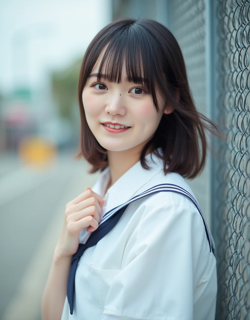 (Slim close-up portrait, A medium-sized girl wearing a short-sleeved summer uniform:1.5)、(A sad-looking girl with her hair blowing in the wind and looking at the sky 1.3)、Crowd at station platform :1.3)、(Perfect Anatomy:1.3)、(Complete Hand:1.3)、(Full Finger:1.3)、Realistic、RAW Photos、Tabletop、highest quality、High resolution、Delicate and beautiful、Perfect Face、Beautiful details、Fair skin、Real human skin、pores、((Thin legs))、(Black Hair)、 Half body shot
