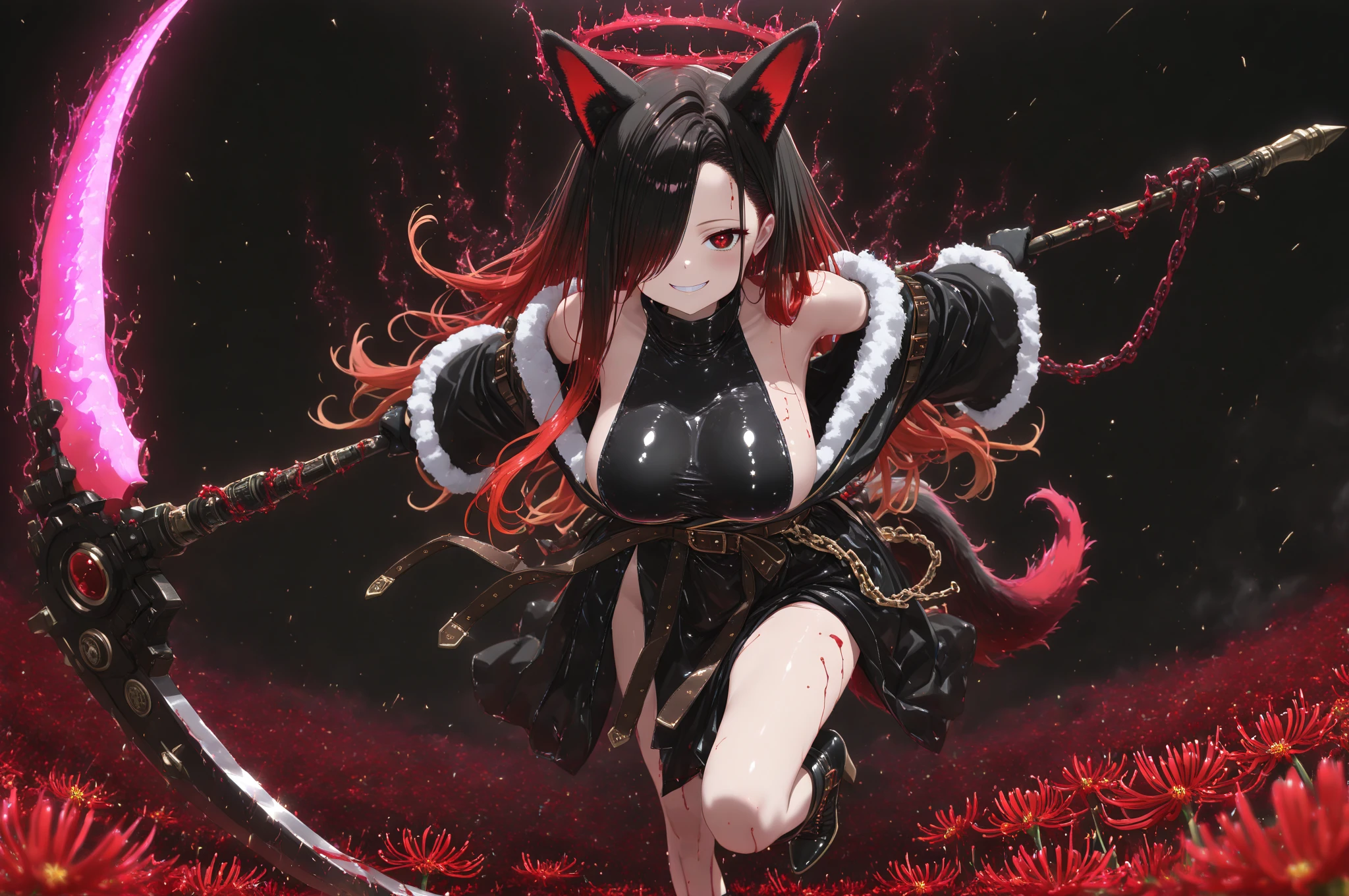 (masterpiece, best_quality, ultra-detailed, immaculate:1.3), portrait, upper body, detailed face, detailed hands, ((1girl:1.35)), epic, kitsune, ((9 tail fox)), foxgirl, japanese spirit, sexy kimono, ((damaged, bloody, Injured, action pose)), ((Defeated pose, falling on knees:1.35)), ((dramatic, sadness face expression, crying)), curvy body, messy black hair, disheveled hair, animal eyes, yellow fox glowing eyes, priestess of love, priestess of passion, dark deep cave background