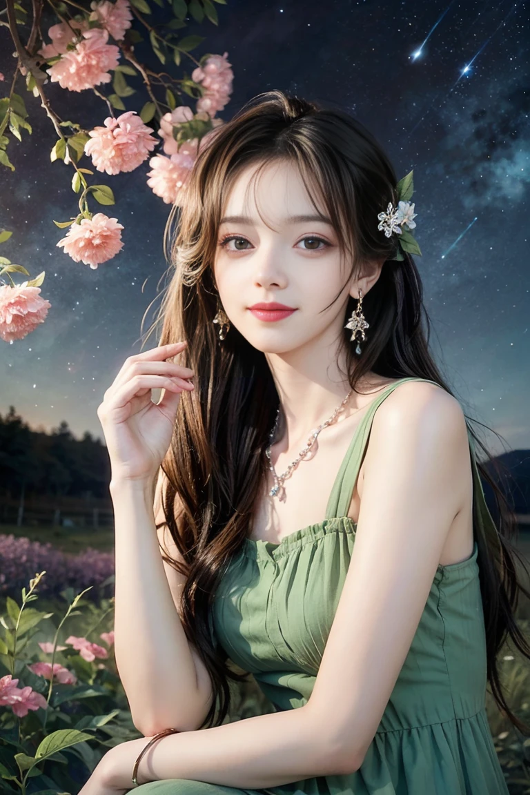 1girl, flower, solo, freckles, blue_eyes, looking_at_viewer, moon, long_hair, night, braid, hair_flower, light_particles, shirt, head_wreath, brown_hair, full_moon, blue_flower, purple_flower, lips, twin_braids, upper_body, hair_ornament, white_shirt, eyelashes, moonlight, makeup, red_lips, glowing, yellow_flower, night_sky, backlighting, sky, closed_mouth, field, outdoors, sparkle, expressionless, grass, flower_field, star_(sky), collarbone, buttons, lipstick, leaf, fireflies, nose