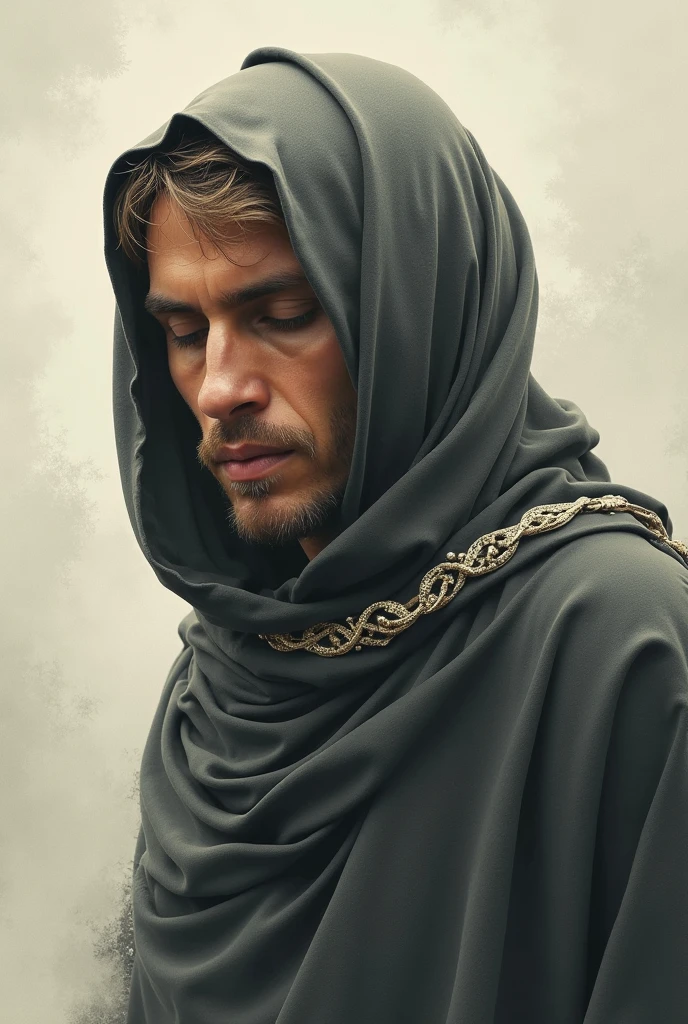 Young Monk soldier in black scarf and hood in the woods leaning on tree thinking peacefully with light stubble
