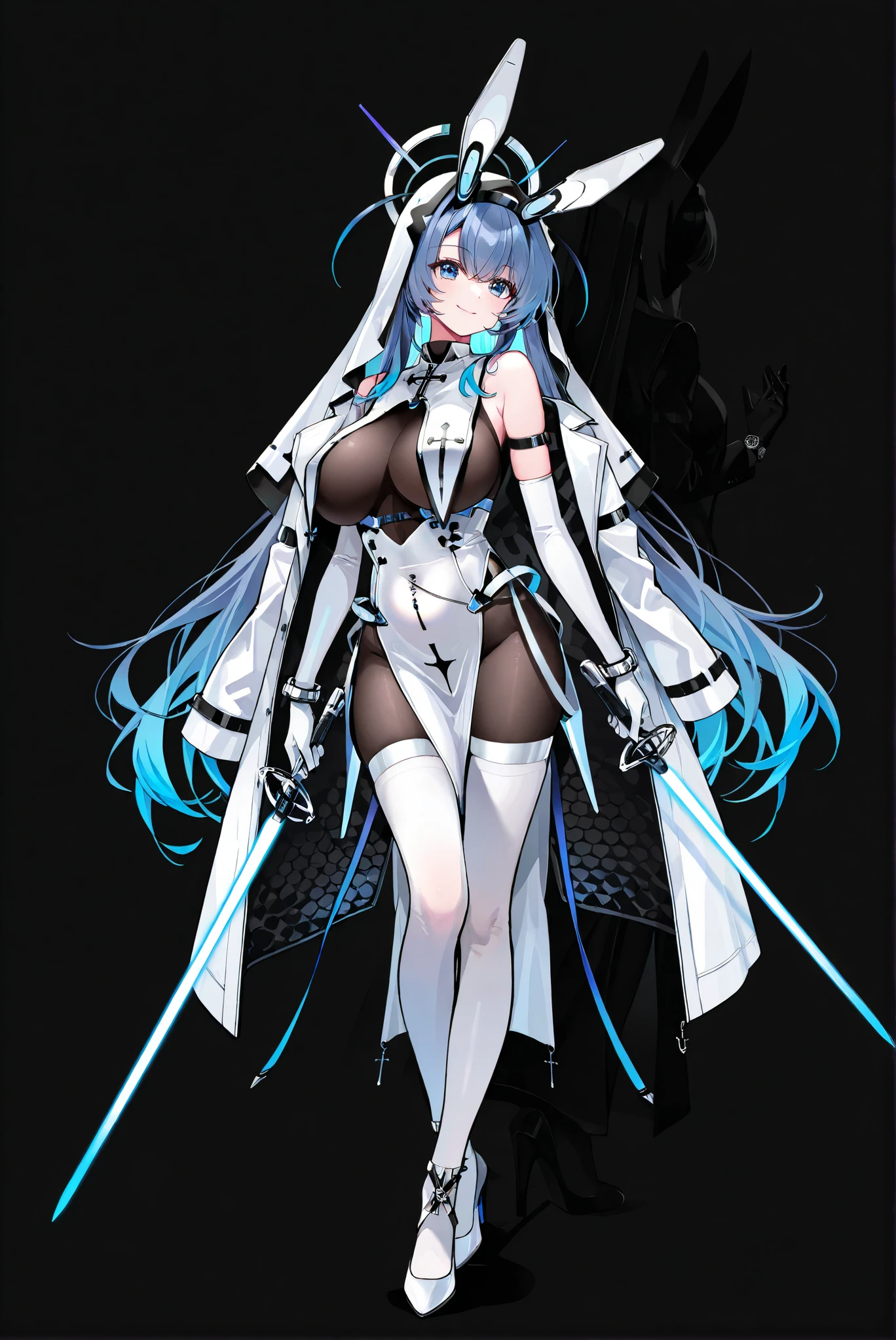 limited palette, Black Background ,Colorful, vivid colors ,Flashing silhouette ,neon,black light ,watch, Masterpiece, very beautiful ,ruanyi0847,bodysuit,breast curtains,dress,nun,pantyhose,pelvic curtain,( stands,whole body, high heels:1.7),, 1girl , Anchor Ornament , Animal Ears , arm strap, Bare Shoulder , Blue Eyes , Blue Hair, face, Bodystocking , breast, dual wield, elbow Gloves, energy sword, whole body, Gloves, hair between eyebrows , high heels, high resolution, Hold, jacket, large breast, long hair, watch, New Jersey , stockings, rabbit ears , Smile, Alone , sword, very long hair, arms, white Gloves, default, Bangs, simple background , white background, dress, Shut up, stands, Hold arms, white dress, [coat, Cover belly button , headgear, Hold sword, white [coat, [coat on shoulders,