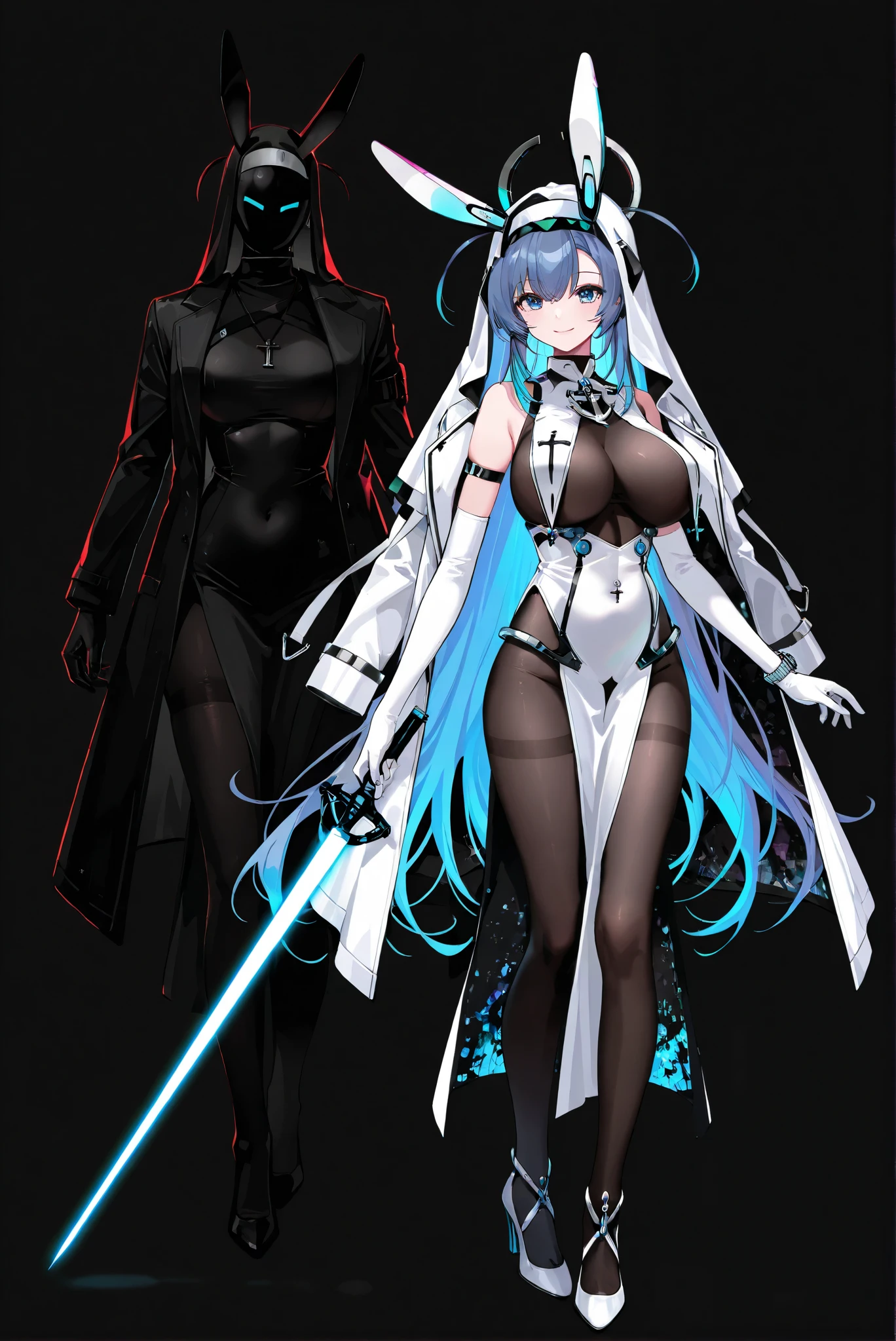 limited palette, Black Background ,Colorful, vivid colors ,Flashing silhouette ,neon,black light ,watch, Masterpiece, very beautiful ,ruanyi0847,bodysuit,breast curtains,dress,nun,pantyhose,pelvic curtain,( stands,whole body, high heels:1.7),, 1girl , Anchor Ornament , Animal Ears , arm strap, Bare Shoulder , Blue Eyes , Blue Hair, face, Bodystocking , breast, dual wield, elbow Gloves, energy sword, whole body, Gloves, hair between eyebrows , high heels, high resolution, Hold, jacket, large breast, long hair, watch, New Jersey , stockings, rabbit ears , Smile, Alone , sword, very long hair, arms, white Gloves, default, Bangs, simple background , white background, dress, Shut up, stands, Hold arms, white dress, [coat, Cover belly button , headgear, Hold sword, white [coat, [coat on shoulders,