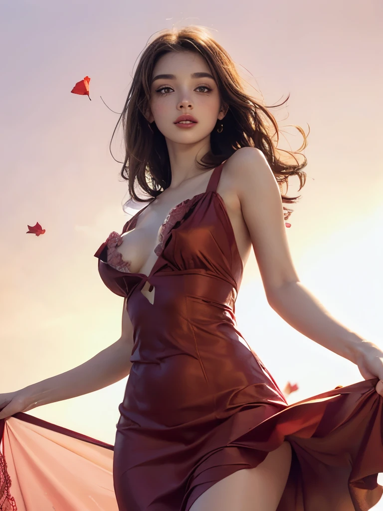 the goddess of love. long brown hair. clear blue eyes. snow-white skin. (red goddess silk dress with open shoulders), with a slit at the hips, red shoes. sits on his knees. holding a bouquet of red roses. smells the flowers with his eyes closed. red roses in her hair. (long black veil with stones)