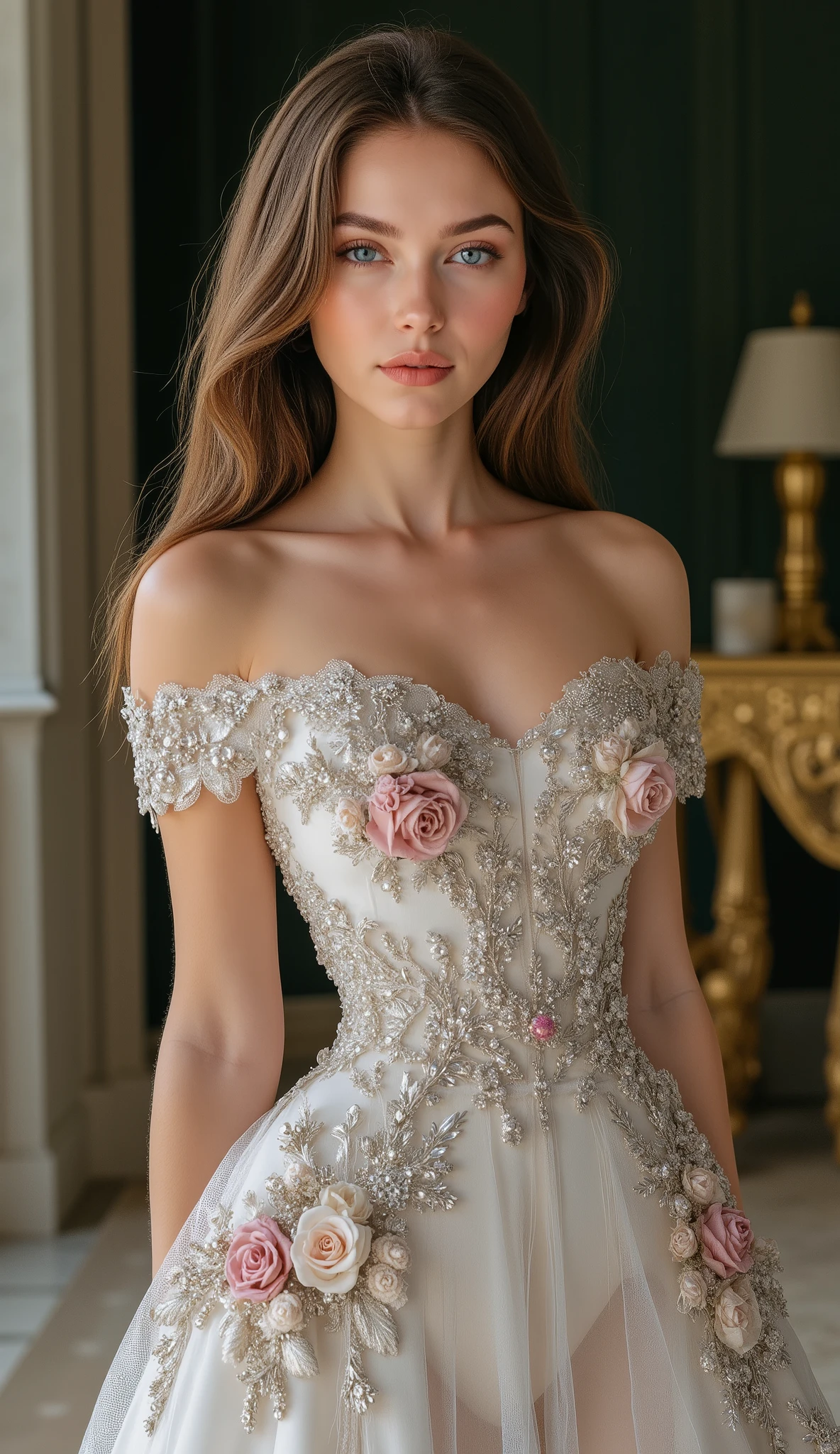 Beautiful girl in a fancy dress,  high definition,  Blue eyes,  best quality,  very detailed,  main detail , flowers on clothes,  in full height,   lots of detailed elements, graceful woman 