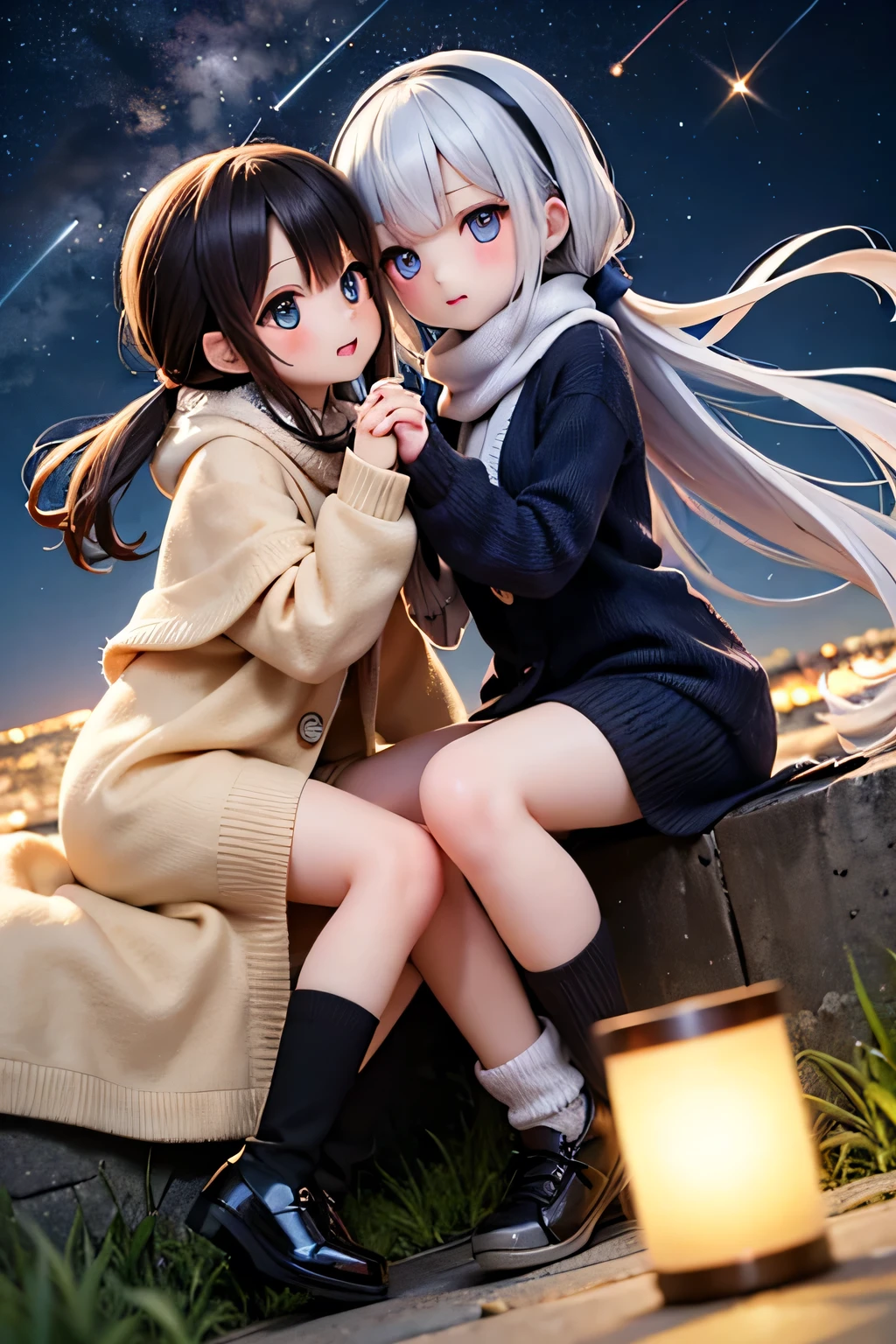  best quality、 high resolution、( high definition:1.2)、 Masterpiece、 detailed background、Teenage beauty、( highly detailed faces:1.2)、 detailed expressions 、( Details:1.2)、altitude 2,The Utsukushigahara Plateau at 1,000m lights up a special night、Surrounded by the moonlight and the glow of the stars、Decorate a special night 、

(Girls enjoying the spectacular night view at a starry sky spot:1.5)、

Countless stars in the night sky々The world spreads out, twinkling in the clear air、The girls lie on the grass and, surrounded by the starlight, quietly look up at the night sky、The chirps of insects echo in the distance、The cool night breeze caresses your cheeks、Holding each other close, they exchange no words and are simply captivated by the vastness of the universe 、
The light of the stars reflects in your eyes, leaving you breathless、The overwhelming night view that they would never see in the city is deeply engraved in their hearts.、They are wearing soft knit cardigans and fluffy long dresses、Their silhouettes swaying in the breeze create a gentle atmosphere that blends into the silence of the night.、 Wear sneakers or short boots that are easy to walk on, plus warm knit socks in case it gets cold in the highlands、They hold fluffy blankets in their hands and casually drape constellation-patterned scarves over their shoulders.、They wear loose braids and tie their hair up with natural hair accessories, letting it flutter in the night breeze for a cute look.、They carry small lanterns in their hands, and the soft, flickering light illuminates them in a fantastical way.、 cute