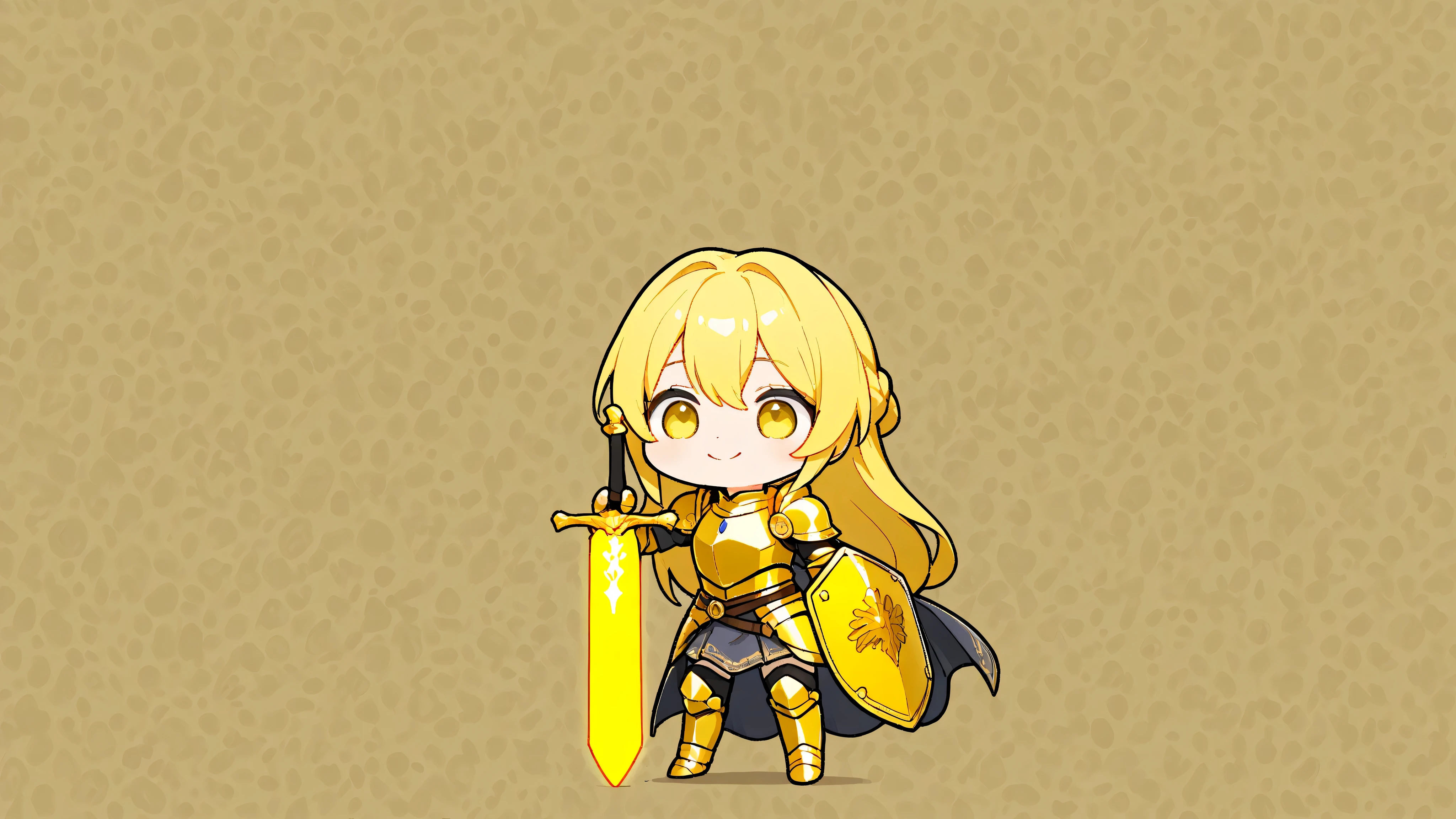 Draw only one character in the image. best quality, Alone, フラット color, color, chibi , A chibi-style, two-heads-tall girl with long yellow hair. She is wearing a golden armor with a long glowing sword and a small shield. She is standing in a cute and confident pose, facing forward with a big, cheerful smile. The background is a plain yellow, making her the central focus of the image.