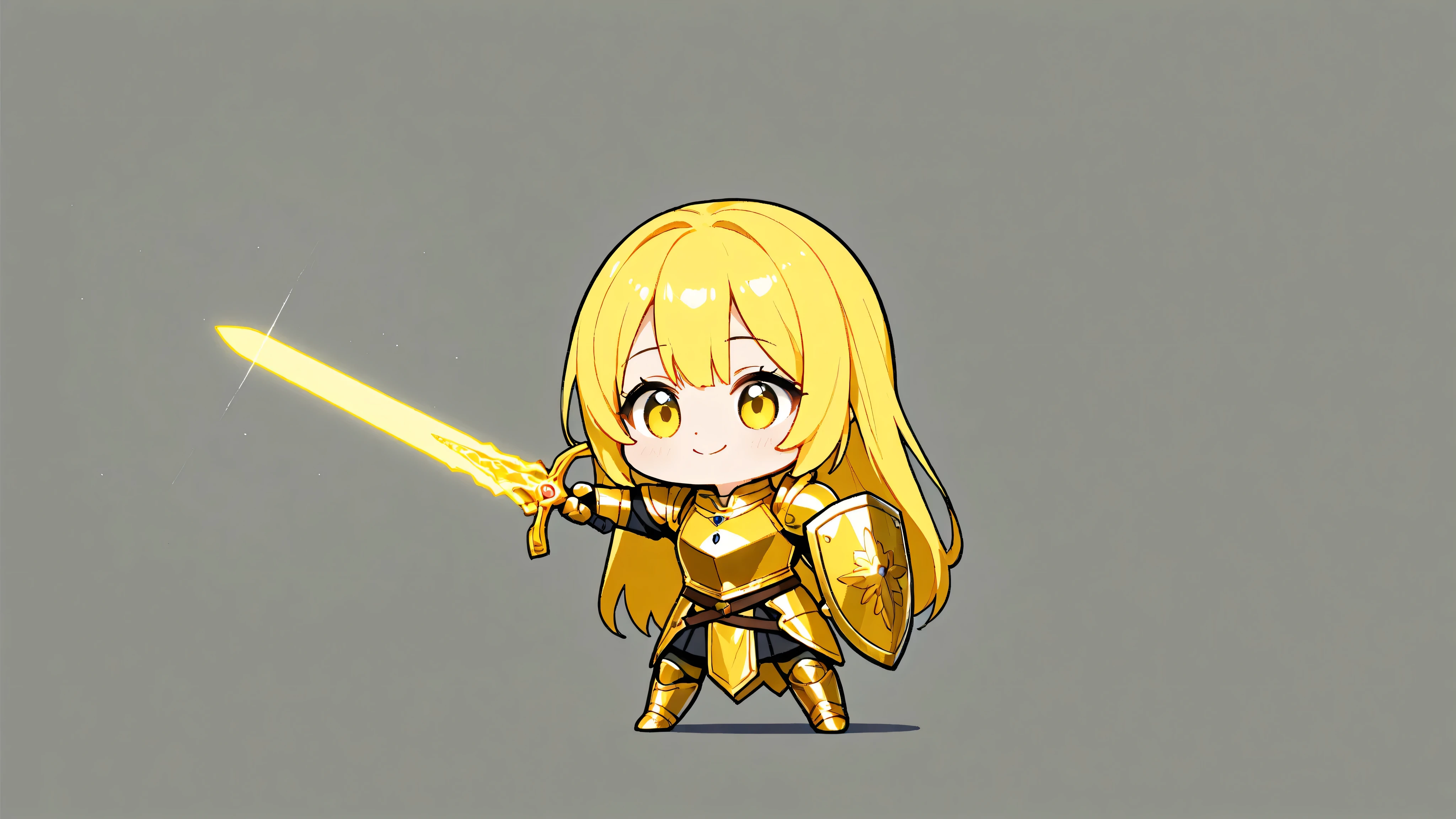 Draw only one character in the image. best quality, Alone, フラット color, color, chibi , A chibi-style, two-heads-tall girl with long yellow hair. She is wearing a golden armor with a long glowing sword and a small shield. She is standing in a cute and confident pose, facing forward with a big, cheerful smile. The background is a plain yellow, making her the central focus of the image.