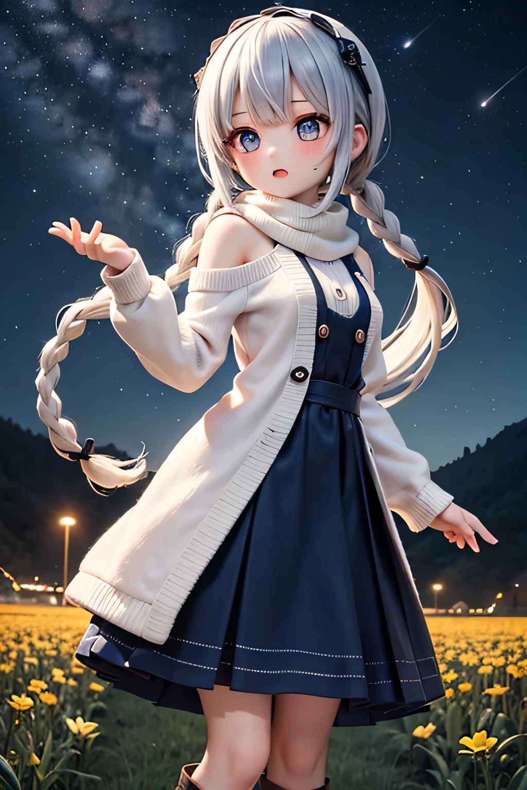 best quality、 high resolution、( high definition:1.2)、 Masterpiece、 detailed background、age beauty、( highly detailed faces:1.2)、 detailed expressions 、( Details:1.2)、altitude 2,The Utsukushigahara Plateau at 1,000m lights up a special night、Surrounded by the moonlight and the glow of the stars、Decorate a special night 、
(Girls enjoying the spectacular night view at a starry sky spot:1.5)、
Countless stars in the night sky々The world spreads out, twinkling in the clear air、The girls lie on the grass and, surrounded by the starlight, quietly look up at the night sky、The chirps of insects echo in the distance、The cool night breeze caresses your cheeks、Holding each other close, they exchange no words and are simply captivated by the vastness of the universe 、
The light of the stars reflects in your eyes, leaving you breathless、The overwhelming night view that they would never see in the city is deeply engraved in their hearts.、They are wearing soft knit cardigans and fluffy long dresses、Their silhouettes swaying in the breeze create a gentle atmosphere that blends into the silence of the night.、They wear comfortable sneakers or short boots on their feet, and add warm knit socks to prepare for the chill of the highland nights.、They hold fluffy blankets in their hands and casually drape constellation-patterned scarves over their shoulders.、They wear loose braids and tie their hair up with natural hair accessories, letting it flutter in the night breeze for a cute look.、They carry small lanterns in their hands, and the soft, flickering light illuminates them in a fantastical way.、 cute