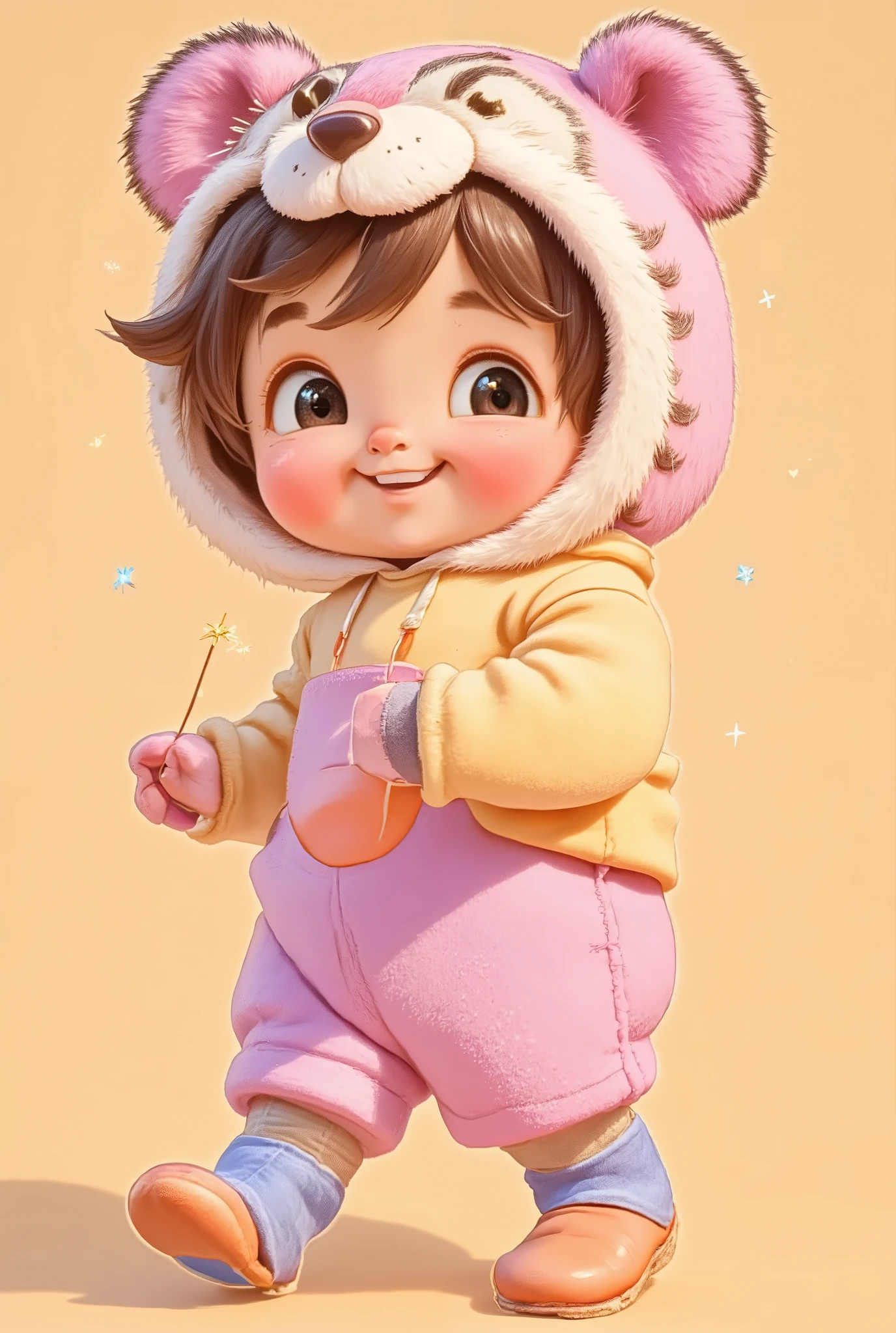 A cute cartoon-style with sparkling, magical eyes, pastel-colored hair in soft waves, and a chubby, adorable figure. She is wearing an incredibly cute furry outfit with a hood shaped like a tiger's head, featuring expressive and playful details. The tiger hood has soft, plush fur textures and vibrant yet gentle colors, making it the focal point of the design. Her outfit is cozy and stylish, with a modern, whimsical touch. The background is simple and warm, emphasizing her playful and charming personality. Use a pastel and bright color palette to enhance the cuteness and appeal, creating a design that is both heartwarming and marketable, AI IP