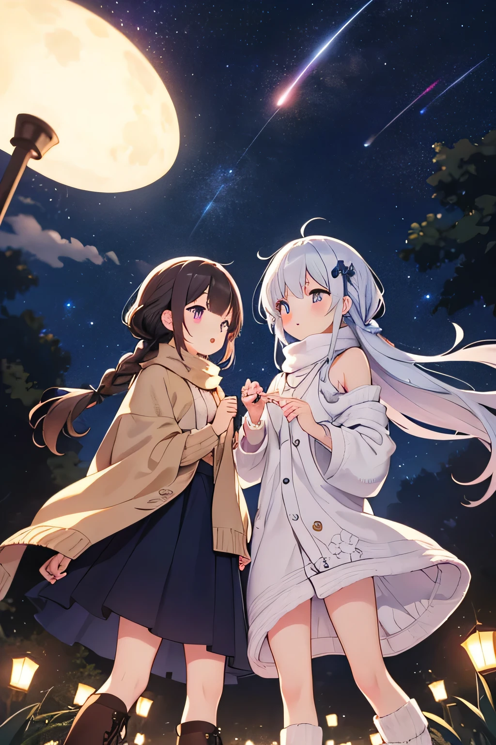 best quality、 high resolution、( high definition:1.2)、 Masterpiece、 detailed background、age beauty、( highly detailed faces:1.2)、 detailed expressions 、( Details:1.2)、altitude 2,The Utsukushigahara Plateau at 1,000m lights up a special night、Surrounded by the moonlight and the glow of the stars、Decorate a special night 、(Normal number of fingers:1.3)、
(Girls enjoying the spectacular night view at a starry sky spot:1.5)、
Countless stars in the night sky々The world spreads out, twinkling in the clear air、The girls lie on the grass and, surrounded by the starlight, quietly look up at the night sky、The chirps of insects echo in the distance、The cool night breeze caresses your cheeks、Holding each other close, they exchange no words and are simply captivated by the vastness of the universe 、
The light of the stars reflects in your eyes, leaving you breathless、The overwhelming night view that they would never see in the city is deeply engraved in their hearts.、They are wearing soft knit cardigans and fluffy long dresses、Their silhouettes swaying in the breeze create a gentle atmosphere that blends into the silence of the night.、 Wear sneakers or short boots that are easy to walk on, plus warm knit socks in case it gets cold in the highlands、They hold fluffy blankets in their hands and casually drape constellation-patterned scarves over their shoulders.、They wear loose braids and tie their hair up with natural hair accessories, letting it flutter in the night breeze for a cute look.、They carry small lanterns in their hands, and the soft, flickering light illuminates them in a fantastical way.、 cute