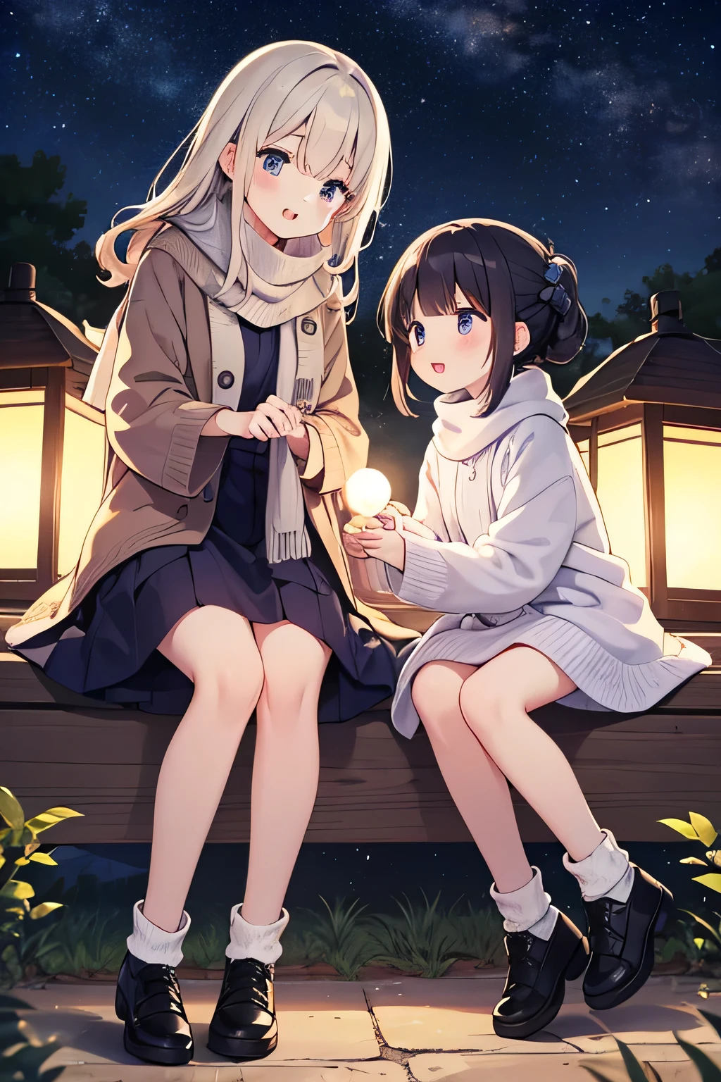 best quality、 high resolution、( high definition:1.2)、 Masterpiece、 detailed background、age beauty、( highly detailed faces:1.2)、 detailed expressions 、( Details:1.2)、altitude 2,The Utsukushigahara Plateau at 1,000m lights up a special night、Surrounded by the moonlight and the glow of the stars、Decorate a special night 、(Normal number of fingers:1.3)、
(Girls enjoying the spectacular night view at a starry sky spot:1.5)、
Countless stars in the night sky々The world spreads out, twinkling in the clear air、The girls lie on the grass and, surrounded by the starlight, quietly look up at the night sky、The chirps of insects echo in the distance、The cool night breeze caresses your cheeks、Holding each other close, they exchange no words and are simply captivated by the vastness of the universe 、
The light of the stars reflects in your eyes, leaving you breathless、The overwhelming night view that they would never see in the city is deeply engraved in their hearts.、They are wearing soft knit cardigans and fluffy long dresses、Their silhouettes swaying in the breeze create a gentle atmosphere that blends into the silence of the night.、 Wear sneakers or short boots that are easy to walk on, plus warm knit socks in case it gets cold in the highlands、They hold fluffy blankets in their hands and casually drape constellation-patterned scarves over their shoulders.、They wear loose braids and tie their hair up with natural hair accessories, letting it flutter in the night breeze for a cute look.、They carry small lanterns in their hands, and the soft, flickering light illuminates them in a fantastical way.、 cute