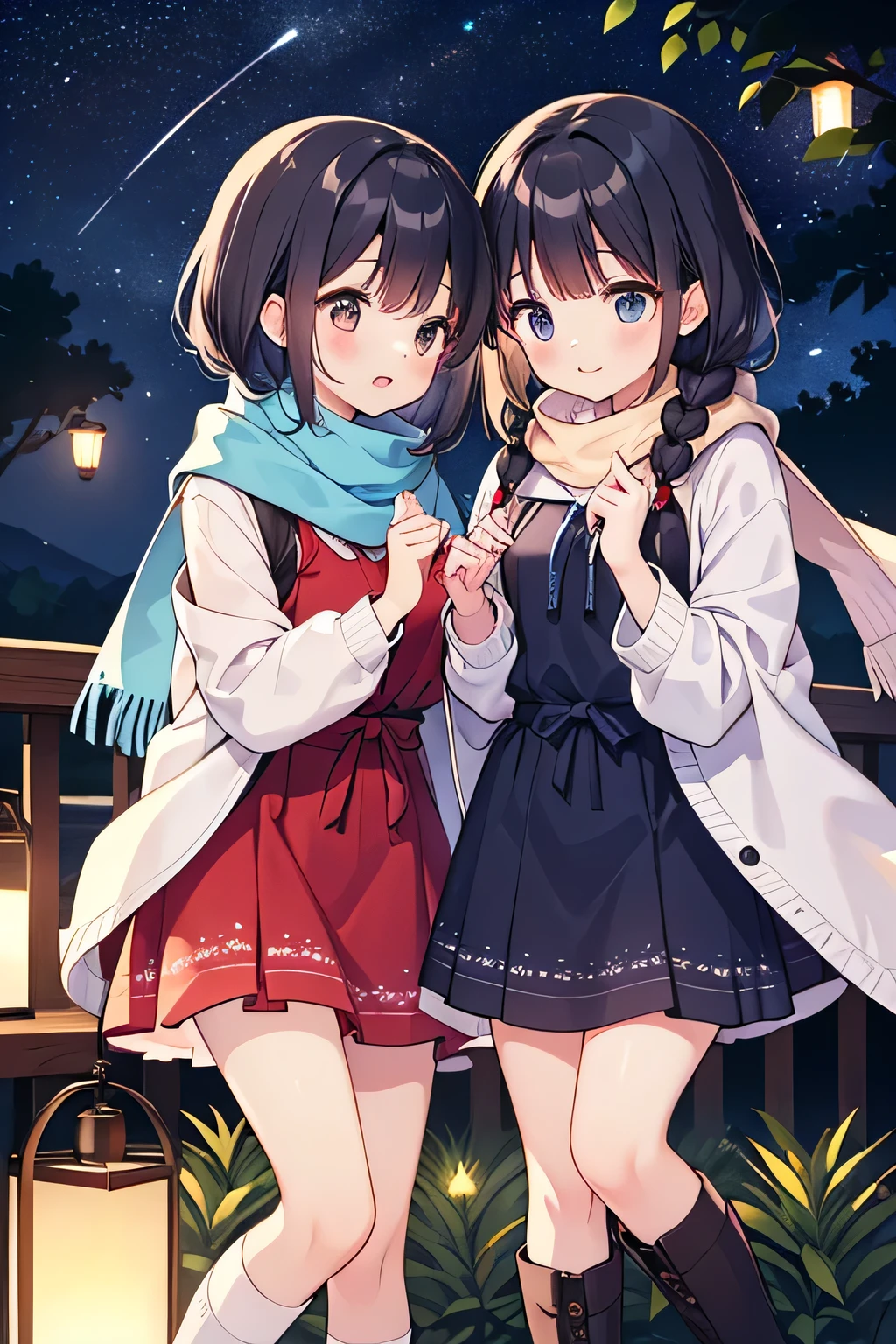  best quality、 high resolution、( high definition:1.2)、 Masterpiece、 detailed background、age beauty、( highly detailed faces:1.2)、 detailed expressions 、( Details:1.2)、altitude 2,The Utsukushigahara Plateau at 1,000m lights up a special night、Surrounded by the moonlight and the glow of the stars、Decorate a special night 、(Normal number of fingers:1.3)、

(Girls enjoying the spectacular night view at a starry sky spot:1.5)、

Countless stars in the night sky々The world spreads out, twinkling in the clear air、The girls lie on the grass and, surrounded by the starlight, quietly look up at the night sky、The chirps of insects echo in the distance、The cool night breeze caresses your cheeks、Holding each other close, they exchange no words and are simply captivated by the vastness of the universe 、
The light of the stars reflects in your eyes, leaving you breathless、The overwhelming night view that they would never see in the city is deeply engraved in their hearts.、They are wearing soft knit cardigans and fluffy long dresses、Their silhouettes swaying in the breeze create a gentle atmosphere that blends into the silence of the night.、 Wear sneakers or short boots that are easy to walk on, plus warm knit socks in case it gets cold in the highlands、They hold fluffy blankets in their hands and casually drape constellation-patterned scarves over their shoulders.、They wear loose braids and tie their hair up with natural hair accessories, letting it flutter in the night breeze for a cute look.、They carry small lanterns in their hands, and the soft, flickering light illuminates them in a fantastical way.、 cute