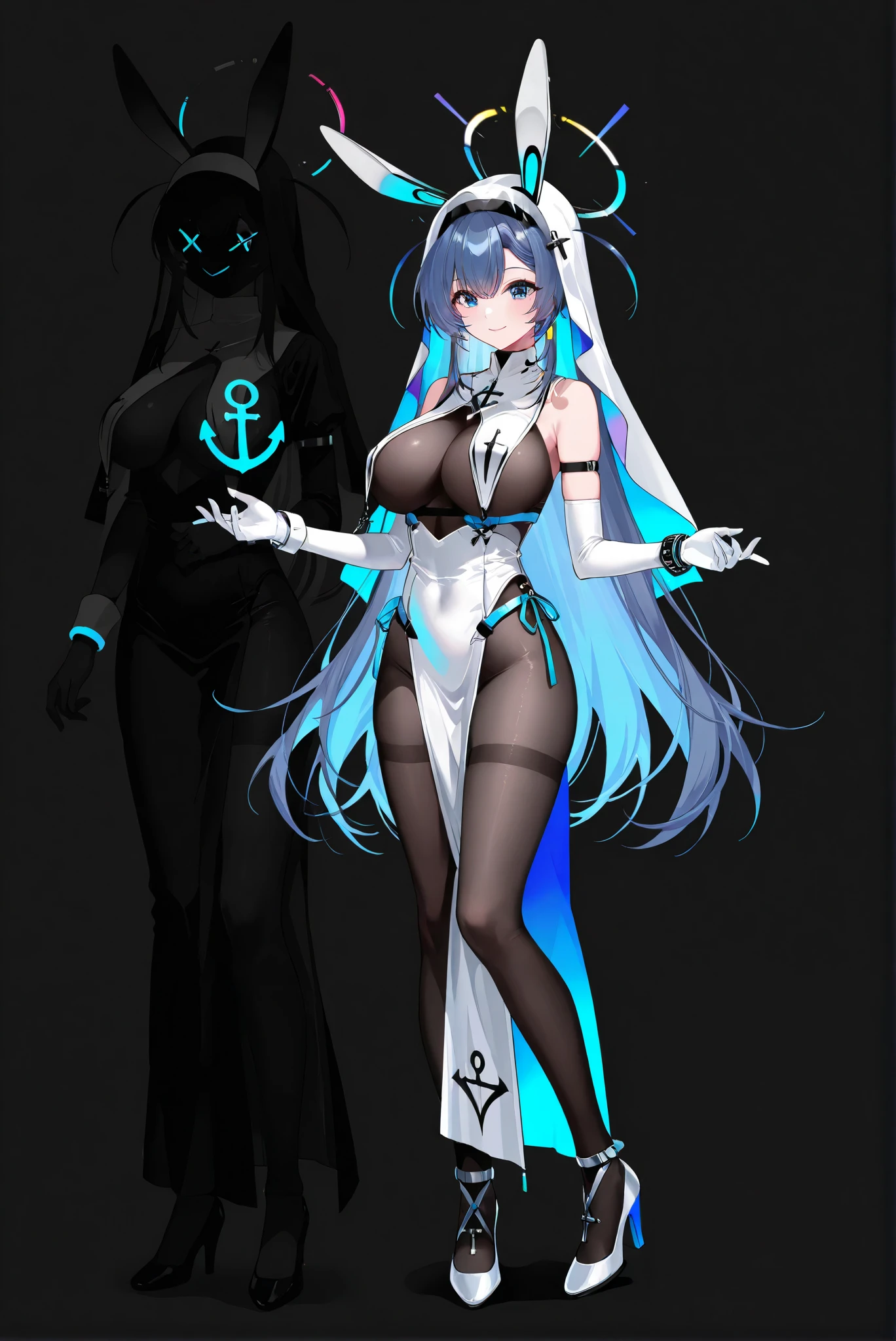 limited palette, Black Background ,Colorful, vivid colors ,Flashing silhouette ,neon,black light ,watch, Masterpiece, very beautiful ,ruanyi0847,bodysuit,breast curtains,dress,nun,pantyhose,pelvic curtain,( stands,whole body, high heels:1.7),, 1girl , Anchor Ornament , Animal Ears , arm strap, Bare Shoulder , Blue Eyes , Blue Hair, face, Bodystocking , breast, dual wield, elbow Gloves, energy 劍, whole body, Gloves, hair between eyebrows , high heels, high resolution, Hold, large breast, long hair, watch, New Jersey , stockings, rabbit ears , Smile, Alone , very long hair, white Gloves, default, Bangs, simple background , white background, dress, Shut up, stands, white dress,