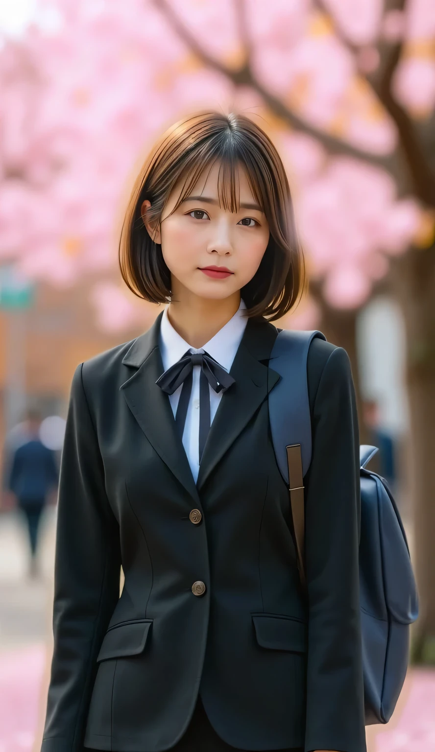 Breathtaking beauty, perfect composition, proper placement in office clothes, golden ratio, Supreme Masterpiece:1.2, Retro photo of a young female student, , very realistic photo , Beautiful Japanese woman's face, front view:1.331, She is looking straight at the viewer:1.331, standing, PERFECTIVE ANATOMY:1.21, have small heads:1.21, anatomically correct5finger, no makeup:1.21, Thin lips closed, Thin Japanese Woman :1.21, simple uniform from a famous high school in the city , blazer uniform, blazer, black blazer , white shirt:1.21, Loop Ribbon:1.21, Black Box Skirt:1.21, carrying a dark blue school rucksack on her back , Brown hair blowing in the wind:1.21, long hair:1.21, detailed face, Clear Eyes, Beautiful, well-groomed eyebrows :1.37, Fair, fine skin:1.21, Cherry blossom petals fall all around her:1.5, Natural light illuminates her:1.37, A background based on the pink colors of cherry blossoms,Blurred landscape with cherry blossom trees in the distance, Nostalgic Photos, illuminated like an emotional movie ,