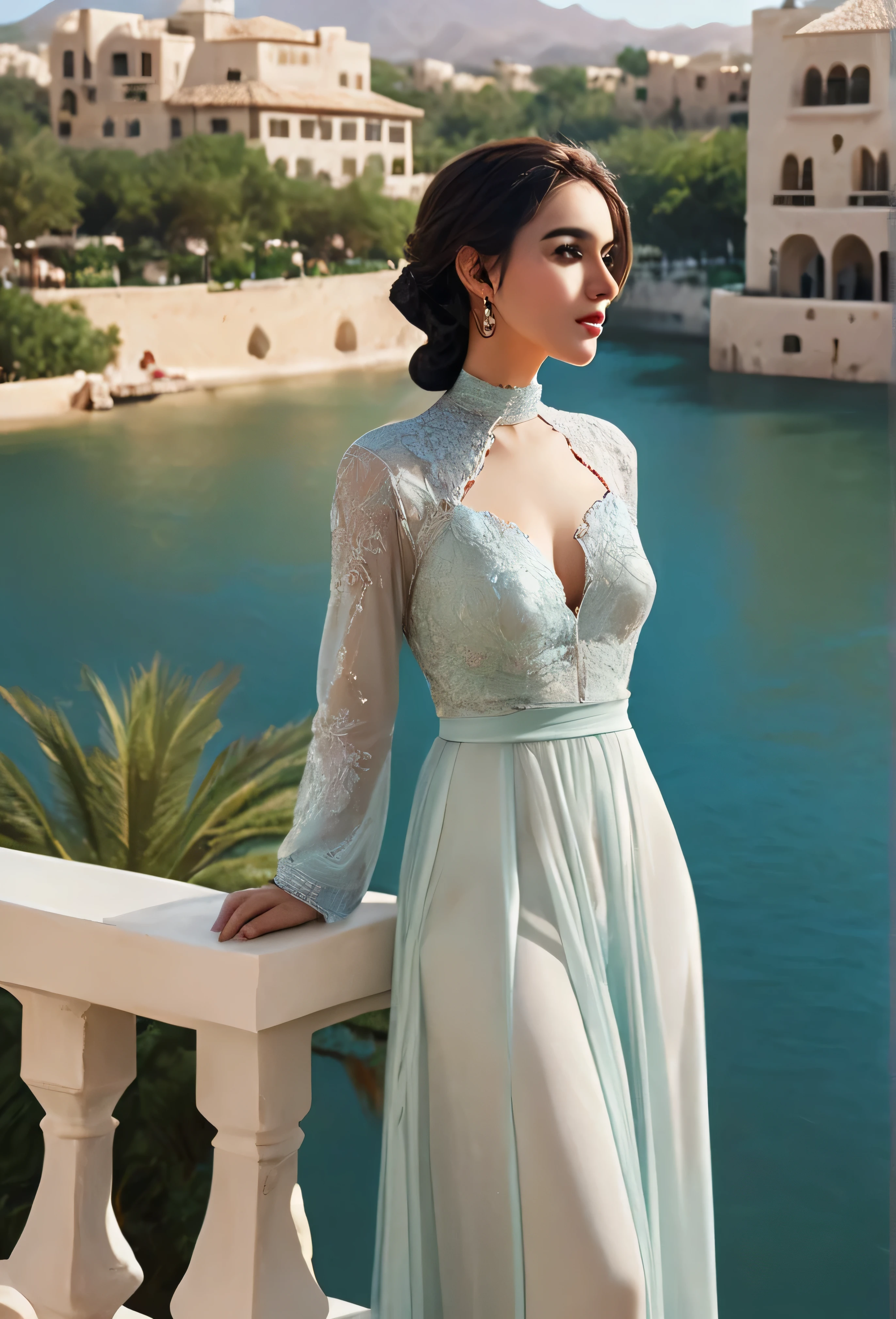 Arab woman in a dress standing on a balcony overlooking the lake, 4K high definition digital art, beautiful digital artwork , beautiful 4K art, Realistic Digital Art 4K, Realistic Digital Art , 4K detailed digital art , Stylish Urban Fantasy Art , hyperrealism. fantasy 4k, 8k amazing work , digital fantasy art )