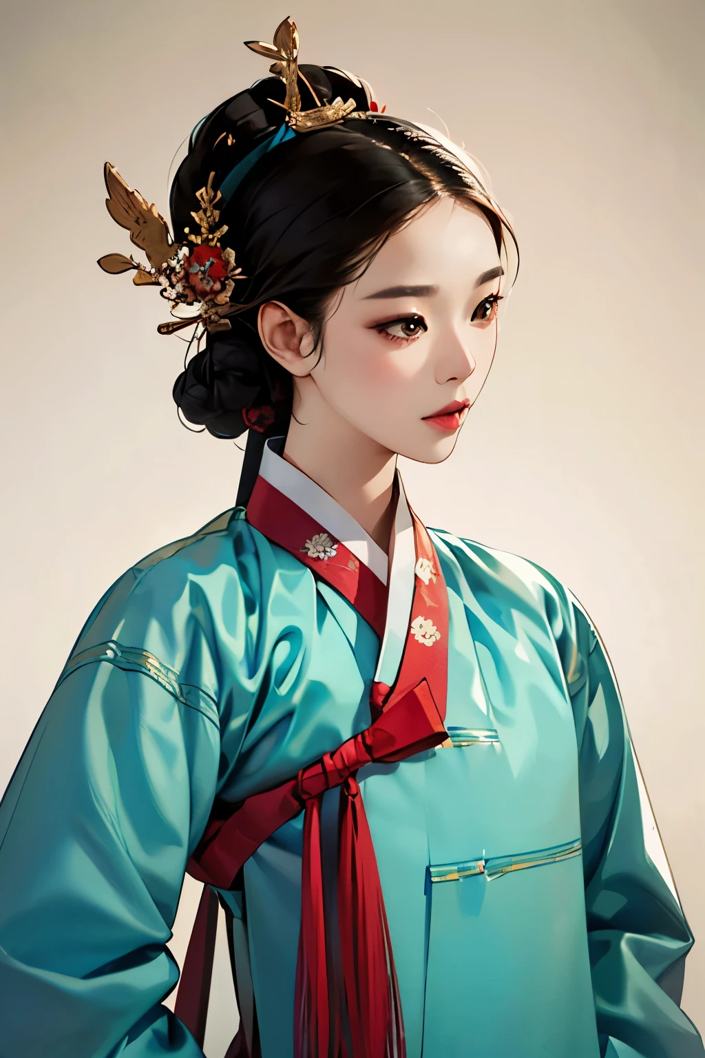 A 16th century Korean woman, Hanbok, traditional Korean costume , portrait, Upper body, sexy beauty, attractive , mature, sensual, Picture to eat , Low saturation
