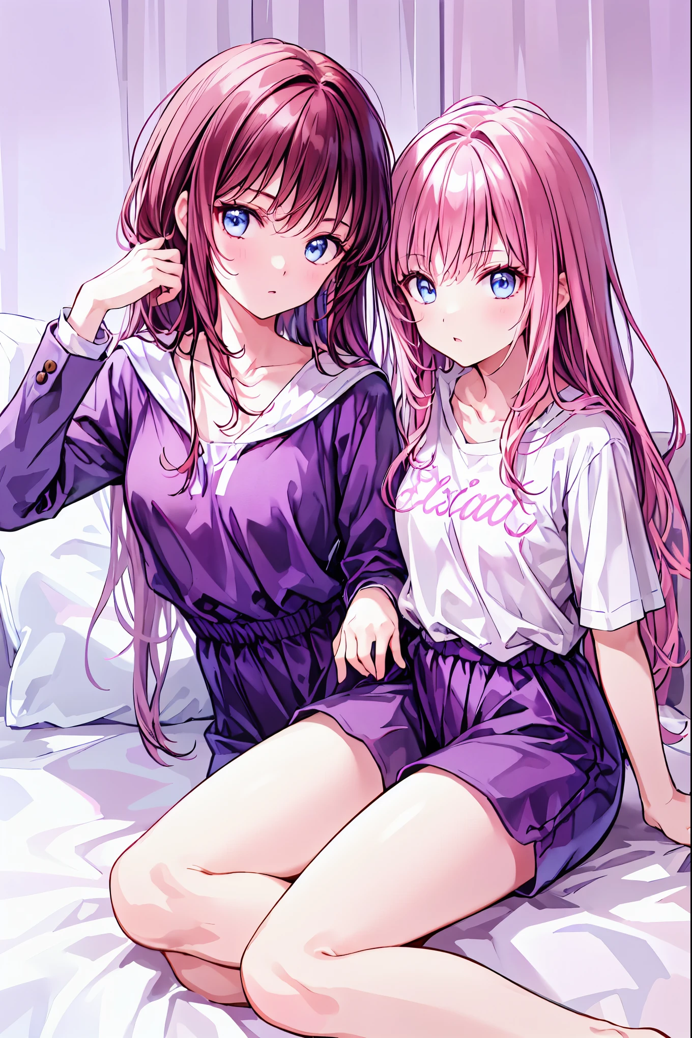 material、 thick paint 、 Girls Sleeping With A Hangover、Pale face、Pain々Funny face、A tired face, Black T-shirt、 shorts、1people々 girl、 on the bed, Hair, shortcuts, unkempt hair with an opening,Short braided hair,Neat,スレンダー美people, correct posture,Small chest, beautiful legs, enchanting gray-blue eyes shine like stars, droopy eyes , bright colors, beautiful eyes,A delicate smile,Textured Skin, Best Quality at its Best , gentle and beautiful woman , anime style、