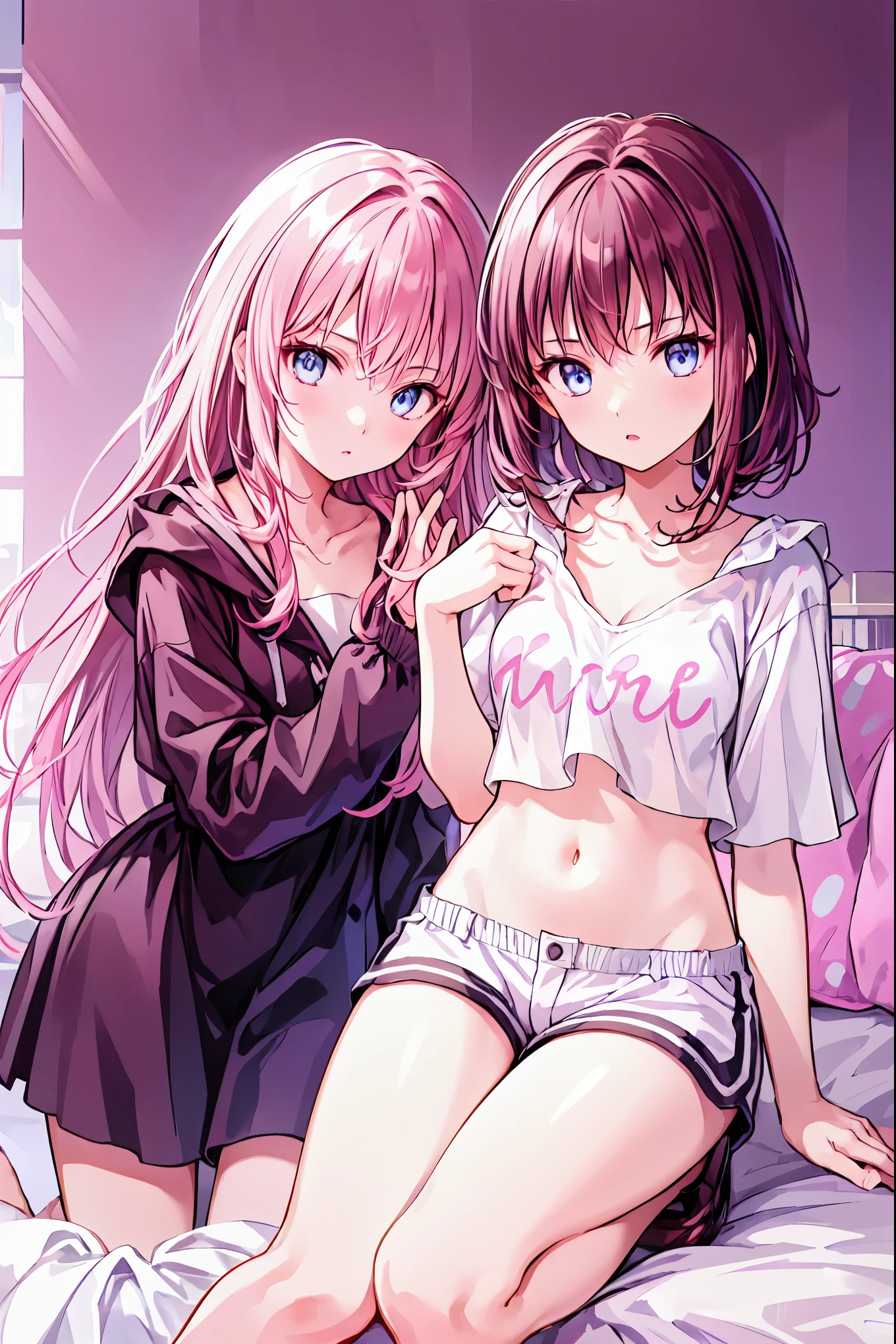 Best Quality,8K,middle School girls,「a boy is grabbing girl’s breasts from behind」valley,Naughty Girls,Pink Hair,Absurd,Horny girl,Bed in the room,Adult