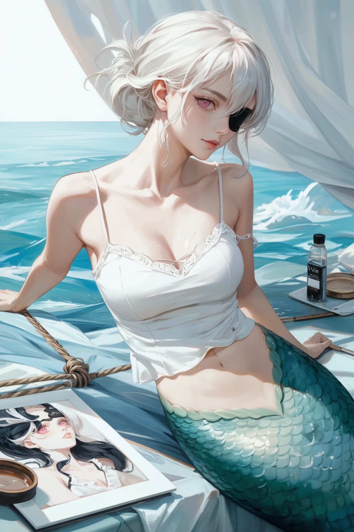  illustrations,  white camisole, mermaid,  is thin,  white background,  has white hair,  pink eyes,  trevally, No eyelashes, Anime wife , curve,   black eyepatch on right eye,Oil painting style,    