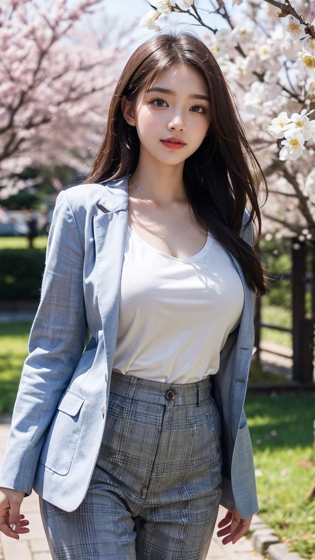 a 18 year old face of the most beautiful actress in the world, the perfect body proportions of a female, blazer is covering shirt of upper body, panties between bare legs are seen just a little thanks to skirt is too short, bare thighs, at the city street, standing, best quality, highly detailed, masterpiece, ultra high res, photo realistic, 8k