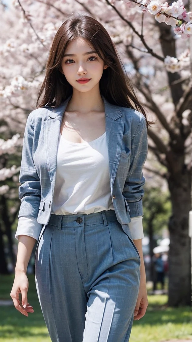 Woman sitting by the lake、Standing with both knees together、Legs stretched out in front、(Put your arms behind your back)、Beauty、20-year-old、university student、Well-balanced proportionedium build、Small face、Small breasts、Small Ass、A strong wind is blowing、grassland、There are a lot of trees、Wearing a navy blue blazer、Wearing a white blouse、She is wearing a long dark blue skirt、Wearing white panties、Wearing pumps、Uniform left and right eyes、blue sky、, black hair, long hair, messy hair, floating hair, earrings, parted lips, happy, seductive smile, Surrealism, Verism, cinematic lighting, first-person view, f/1.2, Nikon, UHD, best quality, highres, 8k, anatomically correct