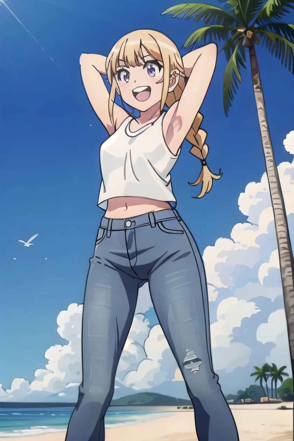 masterpiece,best quality,ultra detail, ((Perfect Face, Perfect Arms, Perfect hands, Perfect Fingers)), 1girl, , peti ((round face, ecstasy, orgasm face, drooping eyes, shame smiling, blush)), dropping eyes, sleepy, Open mouth, ((White teeth)), background((under the beach, (day:1.2), palm tree, bright sky)), eiko tsukimi, blonde hair, blue eyes, braid, twin braids, (long hair:1.4), (medium breast:1.2), ((arms behind head, hands behind head, fingers behind head)), ((contrapposto)), spread armpits, looking at viewer,, (white tank top:1.2), (white crop top:1.2), (jeans pants:1.2, flares jeans:1.2, skinny jeans:1.2, blue jeans:1.2), standing, (legs spread:1.4), sex pose, Sweaty crotch, Steam from the crotch, from below, whole body