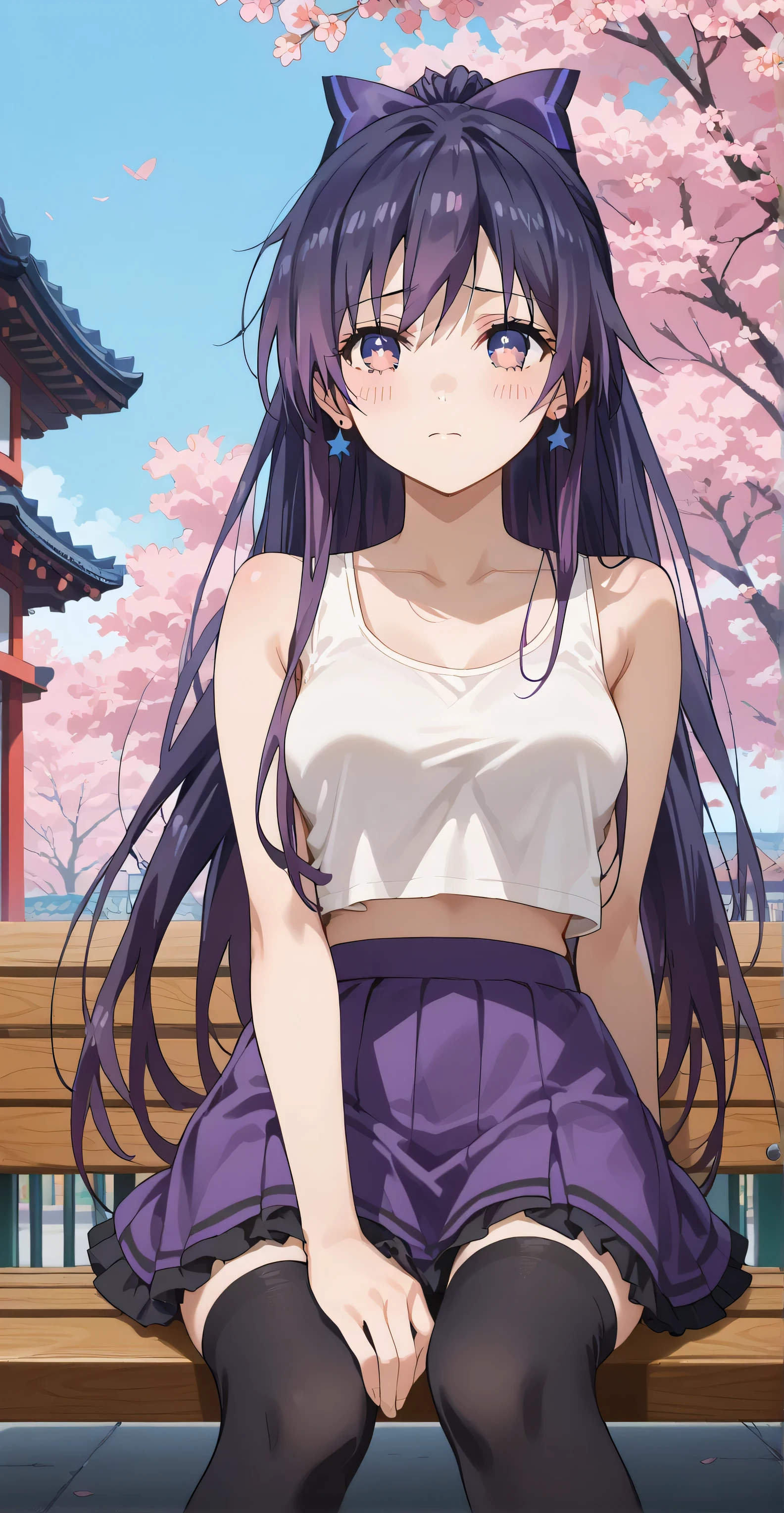 Yatogani tohka,  (long hair, dark purple hair, ponytail ), Purple eyes, earrings, Purple ribbon, score_9, score_8_up, score_7_up, source_anime, masterpiece,best quality, medium breasts, shy, ((Tank top, croptop overhang, Skirt, stocking, neckless, )), Sit down on Street bench , Japanese building, sakura tree, 