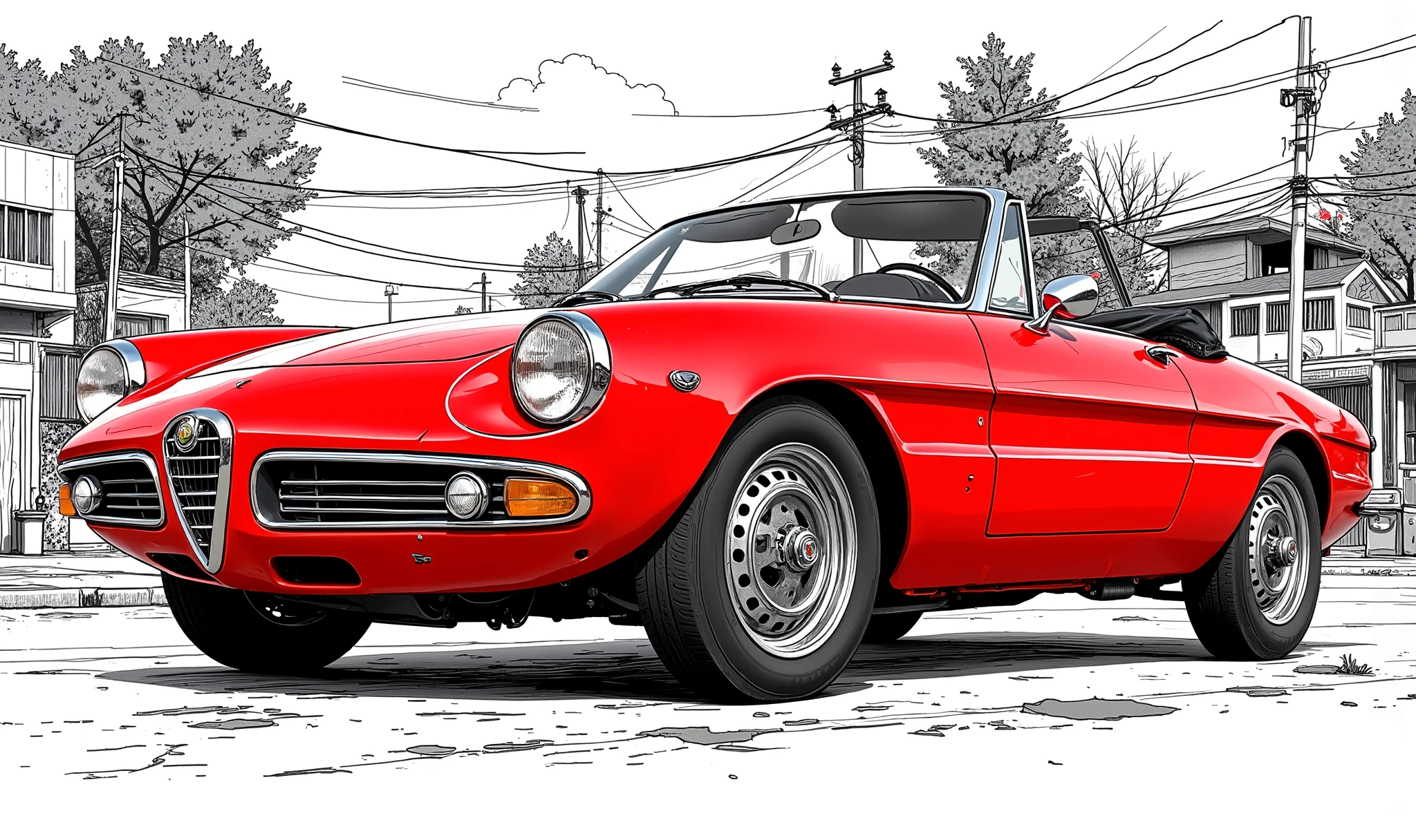 Italian vintage car , Alfa Romeo vintage car , Alfa Romeo 1600 Spider Duet , red Alfa Romeo , Alfa Romeo Spider , by Phinin Farina Sleek body design , movie starring Dustin Hoffman 「graduation」, 1570cc twin cam engine , 4-wheel disc brakes , 5-speed gearbox , soft top roof , character line with a large depression on the side of the body, circular5 multi-meter instrument panel , brightly colored, shallow depth of field , photogenic, super high resolution, The background is a black and white illustration , ( best quality, very detailed, Masterpiece:1.2),