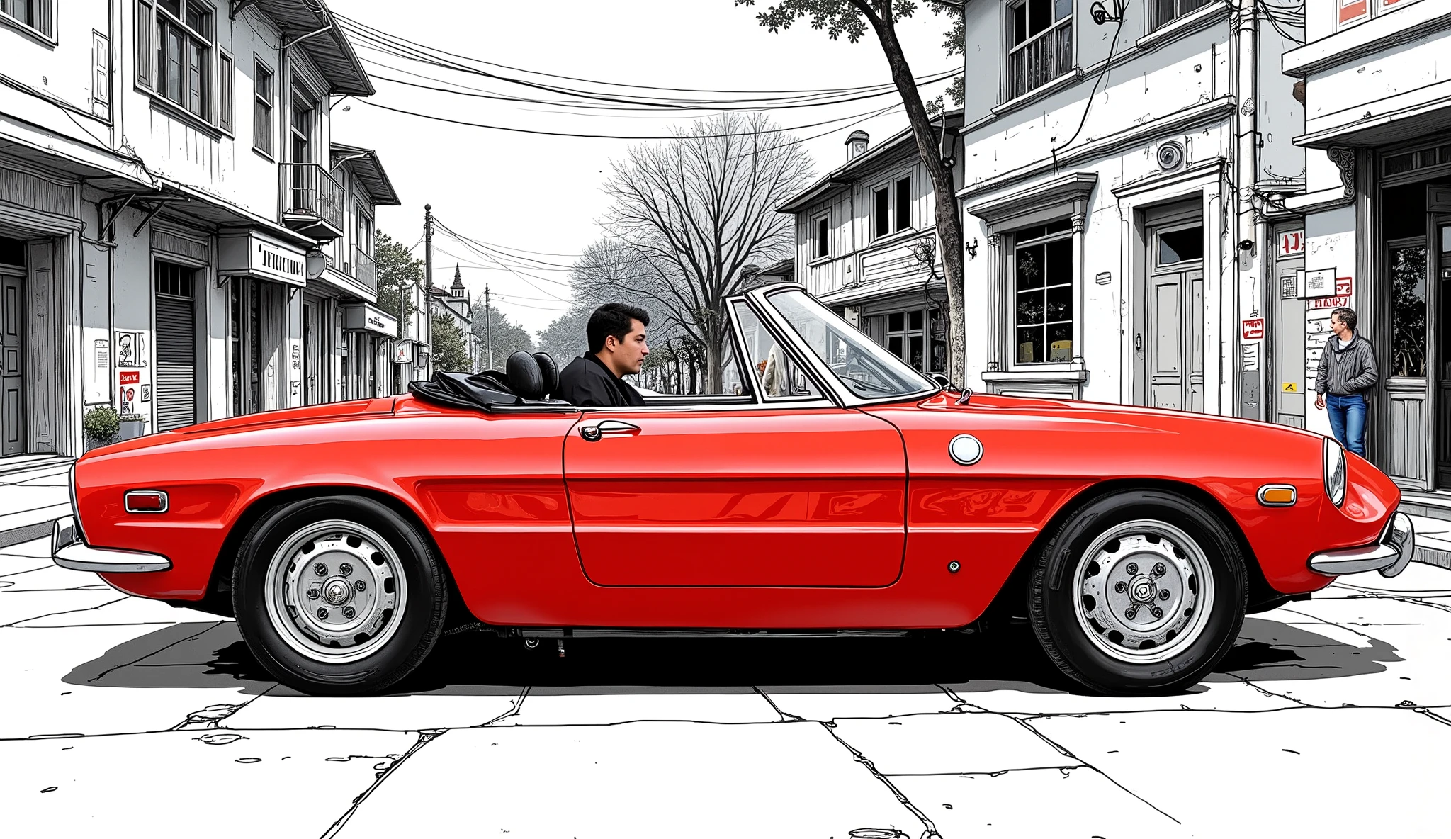  Italian vintage car ,  Alfa Romeo vintage car ,  Alfa Romeo 1600 Spider Duet ,  red Alfa Romeo ,  Alfa Romeo Spider ,  by Phinin Farina Sleek body design ,  movie starring Dustin Hoffman 「graduation」,  1570cc twin cam engine ,  4-wheel disc brakes , 5-speed gearbox ,  soft top roof ,  character line with large recesses on the body side, circular５ multi-meter instrument panel ,  brightly colored,  shallow depth of field ,  photogenic,  super high resolution, The background is a black and white illustration , ( best quality,  very detailed,  Masterpiece:1.2),