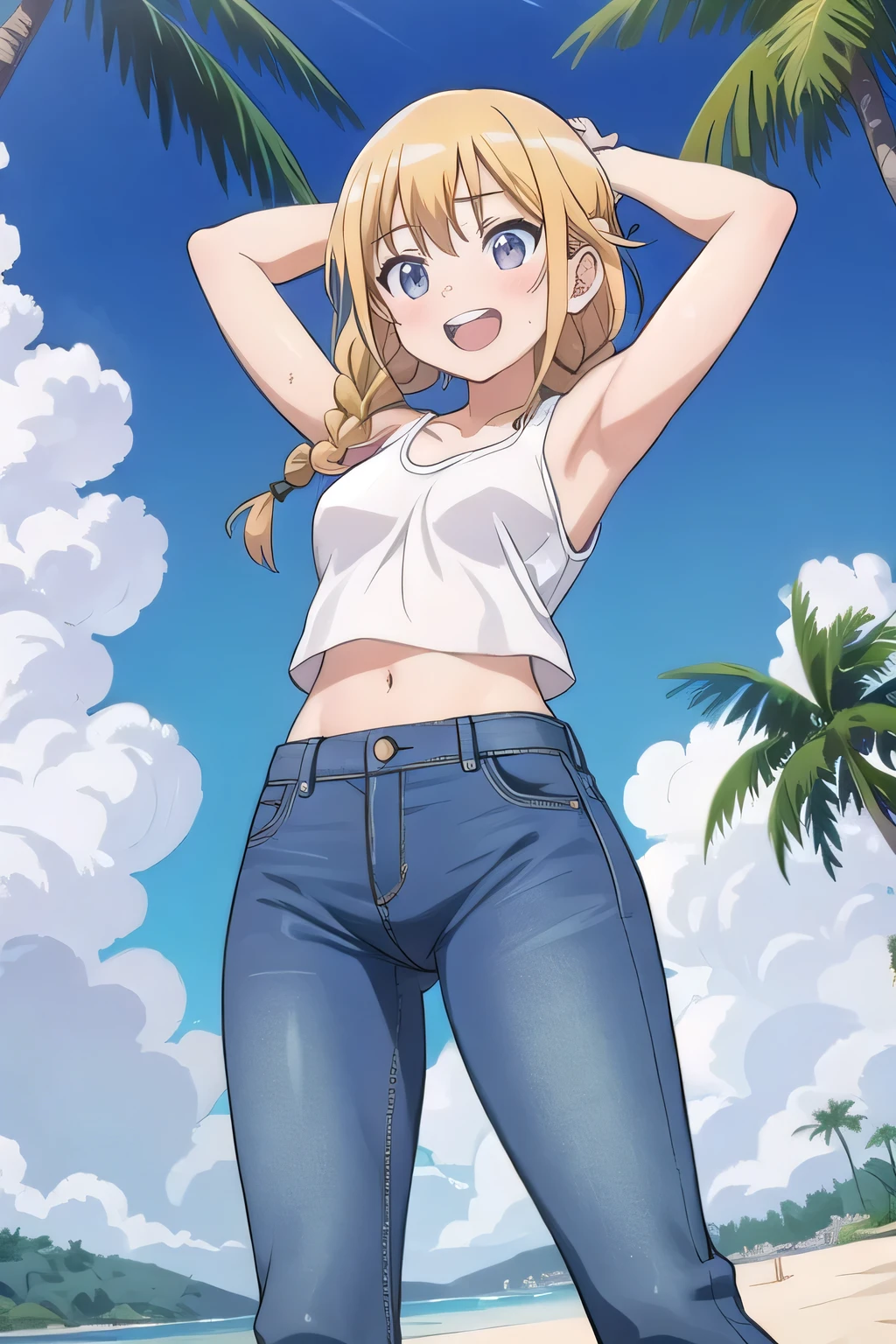 masterpiece,best quality,ultra detail, ((Perfect Face, Perfect Arms, Perfect hands, Perfect Fingers)), 1girl, , petite, ((round face, ecstasy, orgasm face, drooping eyes, shame smiling, blush)), dropping eyes, sleepy, Open mouth, ((White teeth)), background((under the beach, (day:1.2), palm tree, bright sky)), eiko tsukimi, blonde hair, blue eyes, braid, twin braids, (long hair:1.4), (medium breast:1.2), ((arms behind head, hands behind head, fingers behind head)), ((contrapposto)), spread armpits, looking at viewer,, (white tank top:1.2), (white crop top:1.2), (jeans pants:1.2, flares jeans:1.2, skinny jeans:1.2, blue jeans:1.2), standing, (legs spread:1.4), sex pose, Sweaty crotch, Steam from the crotch, from below, whole body