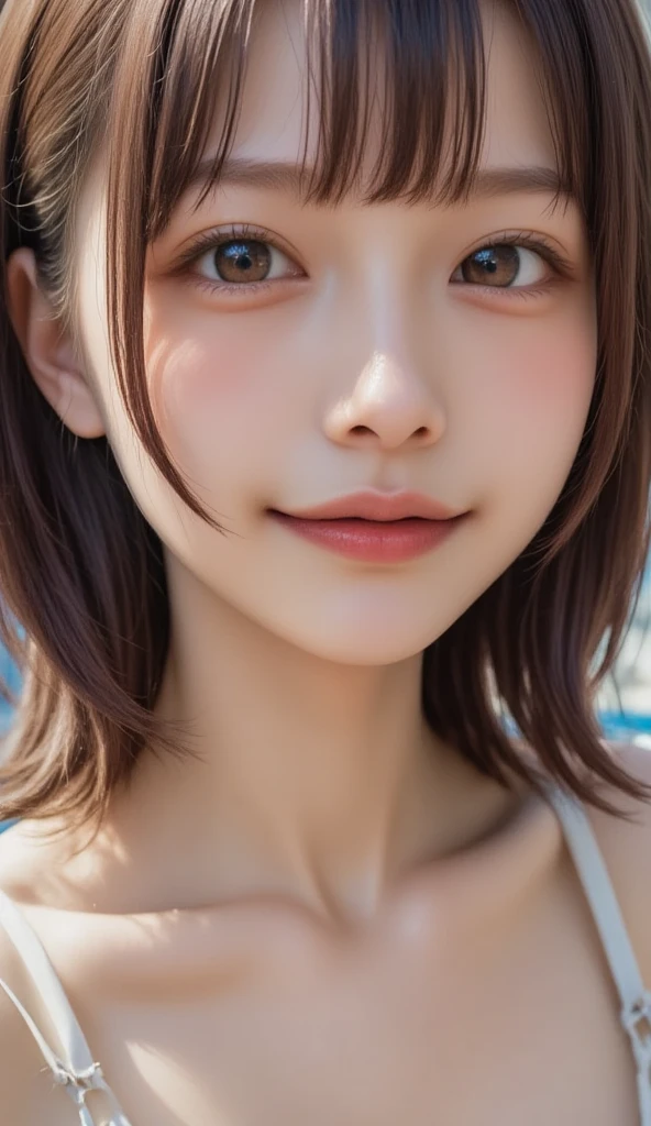 ((Best Quality, 8k, Best Picture Quality, Ultra High Definition)), Beauty, 18 Years Old, Solo, (((Small: 1.4)), Flat Breasts, Round Face, Kind Smile, Big Eyes, White Teeth, Ultra High Detail and Beautiful Skin, Fair Skin, Brown Hair, Short Cut, Sandy Beach, Blue Sky, Micro Bikini, Ultra Detailed and Beautiful Face