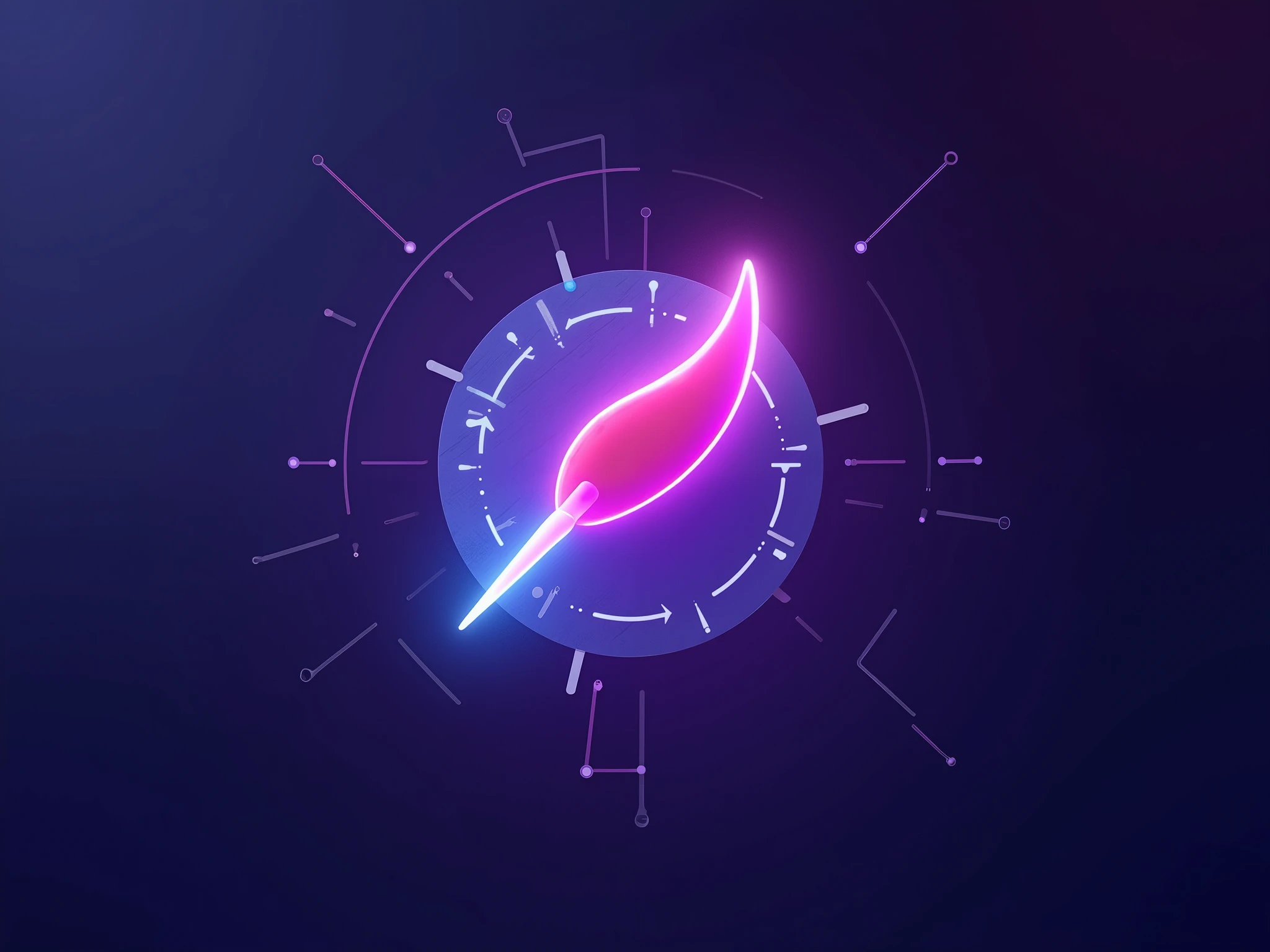 C4D,glowing brush icon floating in the air， simple technology background，Blue Purple,network