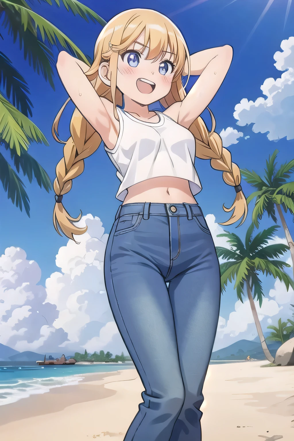 masterpiece,best quality,ultra detail, ((Perfect Face, Perfect Arms, Perfect hands, Perfect Fingers)), 1girl, , peti ((round face, ecstasy, orgasm face, drooping eyes, shame smiling, blush)), dropping eyes, sleepy, Open mouth, ((White teeth)), background((under the beach, (day:1.2), palm tree, bright sky)), eiko tsukimi, blonde hair, blue eyes, braid, twin braids, (long hair:1.4), (medium breast:1.2), ((arms behind head, hands behind head, fingers behind head)), ((contrapposto)), spread armpits, looking at viewer,, (white tank top:1.2), (white crop top:1.2), (jeans pants:1.2, flares jeans:1.2, skinny jeans:1.2, blue jeans:1.2), standing, (legs spread:1.4), sex pose, Sweaty crotch, Steam from the crotch, from below, whole body