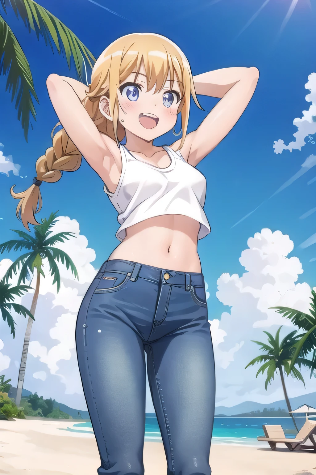 masterpiece,best quality,ultra detail, ((Perfect Face, Perfect Arms, Perfect hands, Perfect Fingers)), 1girl, , peti ((round face, ecstasy, orgasm face, drooping eyes, shame smiling, blush)), dropping eyes, sleepy, Open mouth, ((White teeth)), background((under the beach, (day:1.2), palm tree, bright sky)), eiko tsukimi, blonde hair, blue eyes, braid, twin braids, (long hair:1.4), (medium breast:1.2), ((arms behind head, hands behind head, fingers behind head)), ((contrapposto)), spread armpits, looking at viewer,, (white tank top:1.2), (white crop top:1.2), (jeans pants:1.2, flares jeans:1.2, skinny jeans:1.2, blue jeans:1.2), standing, (legs spread:1.4), sex pose, Sweaty crotch, Steam from the crotch, from below, whole body