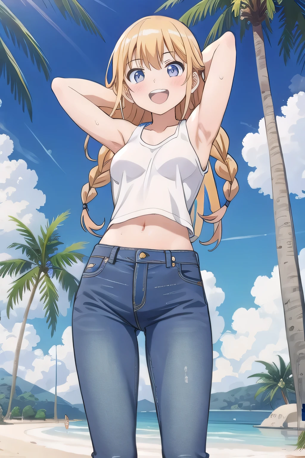 masterpiece,best quality,ultra detail, ((Perfect Face, Perfect Arms, Perfect hands, Perfect Fingers)), 1girl, , peti ((round face, ecstasy, orgasm face, drooping eyes, shame smiling, blush)), dropping eyes, sleepy, Open mouth, ((White teeth)), background((under the beach, (day:1.2), palm tree, bright sky)), eiko tsukimi, blonde hair, blue eyes, braid, twin braids, (long hair:1.4), (medium breast:1.2), ((arms behind head, hands behind head, fingers behind head)), ((contrapposto)), spread armpits, looking at viewer,, (white tank top:1.2), (white crop top:1.2), (jeans pants:1.2, flares jeans:1.2, skinny jeans:1.2, blue jeans:1.2), standing, (legs spread:1.4), sex pose, Sweaty crotch, Steam from the crotch, from below, whole body