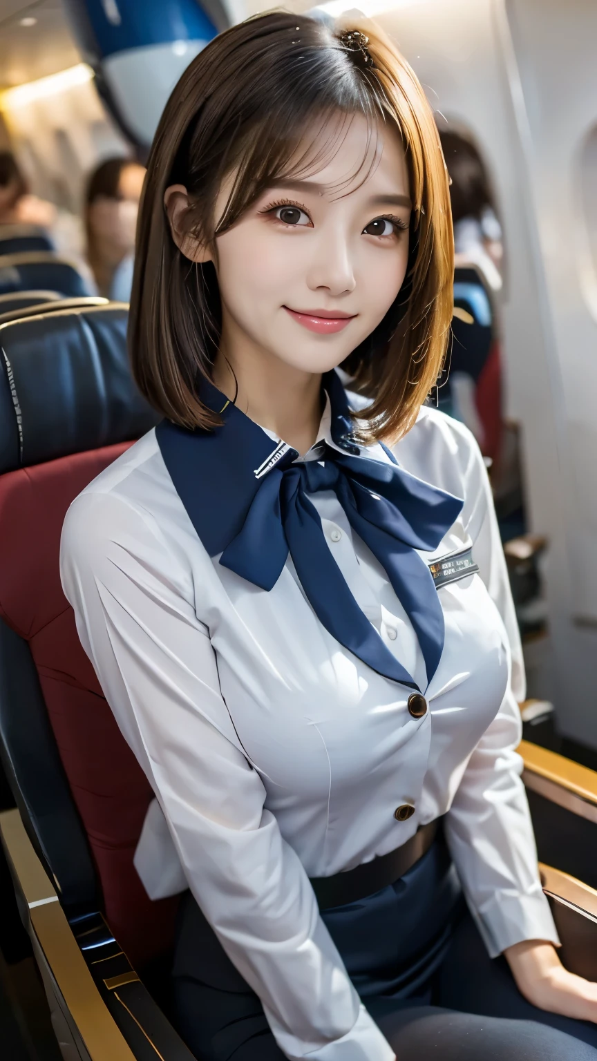 Top Quality, Masterpiece, 8K, Ultra High Definition, (Photorealistic: 1.4), 1 Girl, Beautiful Face, Symmetrical Eyes, Big, Perfect Body Proportions, Stewardess Uniform, Viewer's Look, (Inside the Airplane: 1.2), Front View, Shoulder Jump, Absolute Area (1.3),
