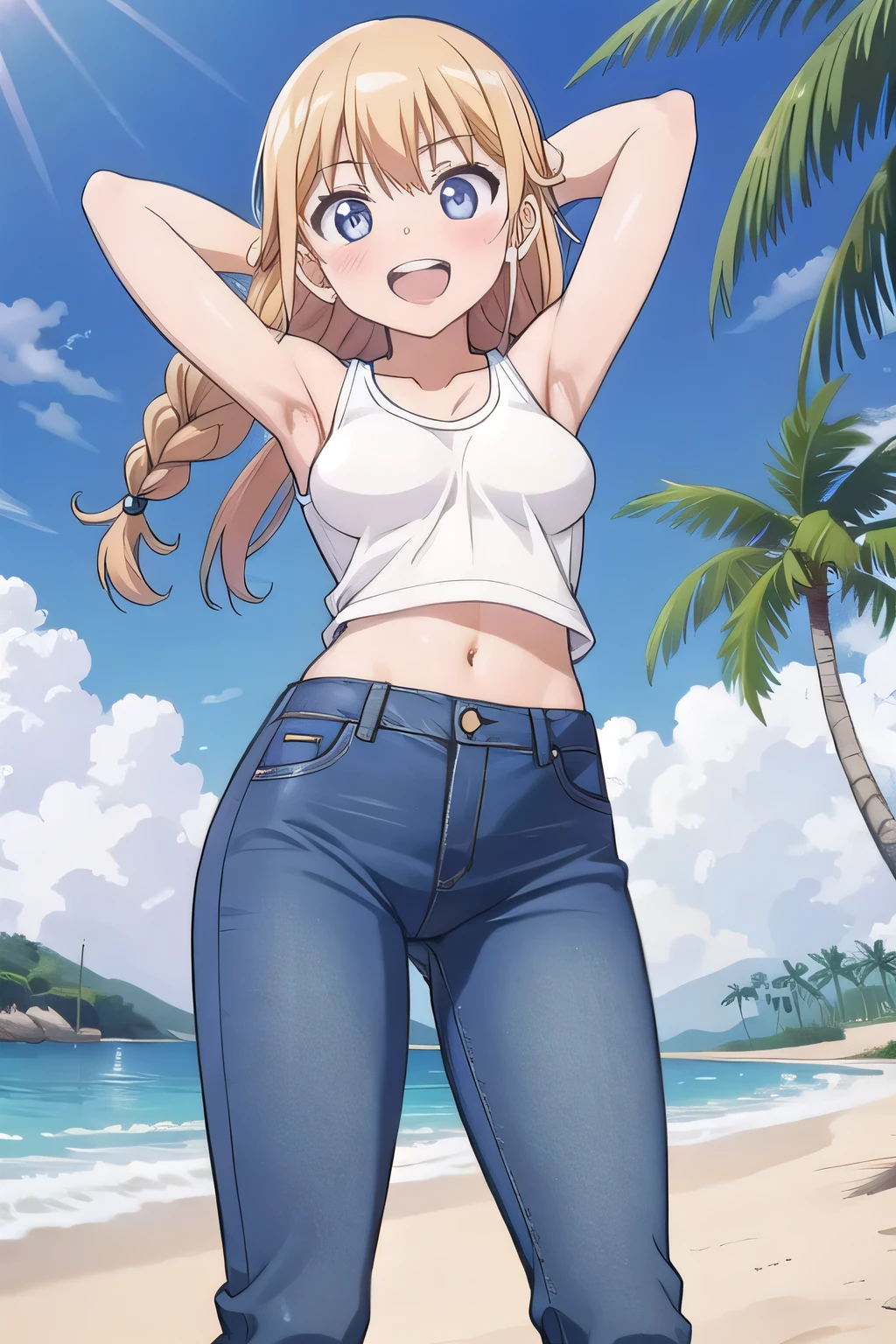 masterpiece,best quality,ultra detail, ((Perfect Face, Perfect Arms, Perfect hands, Perfect Fingers)), 1girl, , peti ((round face, ecstasy, orgasm face, drooping eyes, shame smiling, blush)), dropping eyes, sleepy, Open mouth, ((White teeth)), background((under the beach, (day:1.2), palm tree, bright sky)), eiko tsukimi, blonde hair, blue eyes, braid, twin braids, (long hair:1.4), (medium breast:1.2), ((arms behind head, hands behind head, fingers behind head)), ((contrapposto)), spread armpits, looking at viewer,, (white tank top:1.2), (white crop top:1.2), (jeans pants:1.2, flares jeans:1.2, skinny jeans:1.2, blue jeans:1.2), standing, (legs spread:1.4), sex pose, Sweaty crotch, Steam from the crotch, from below, whole body