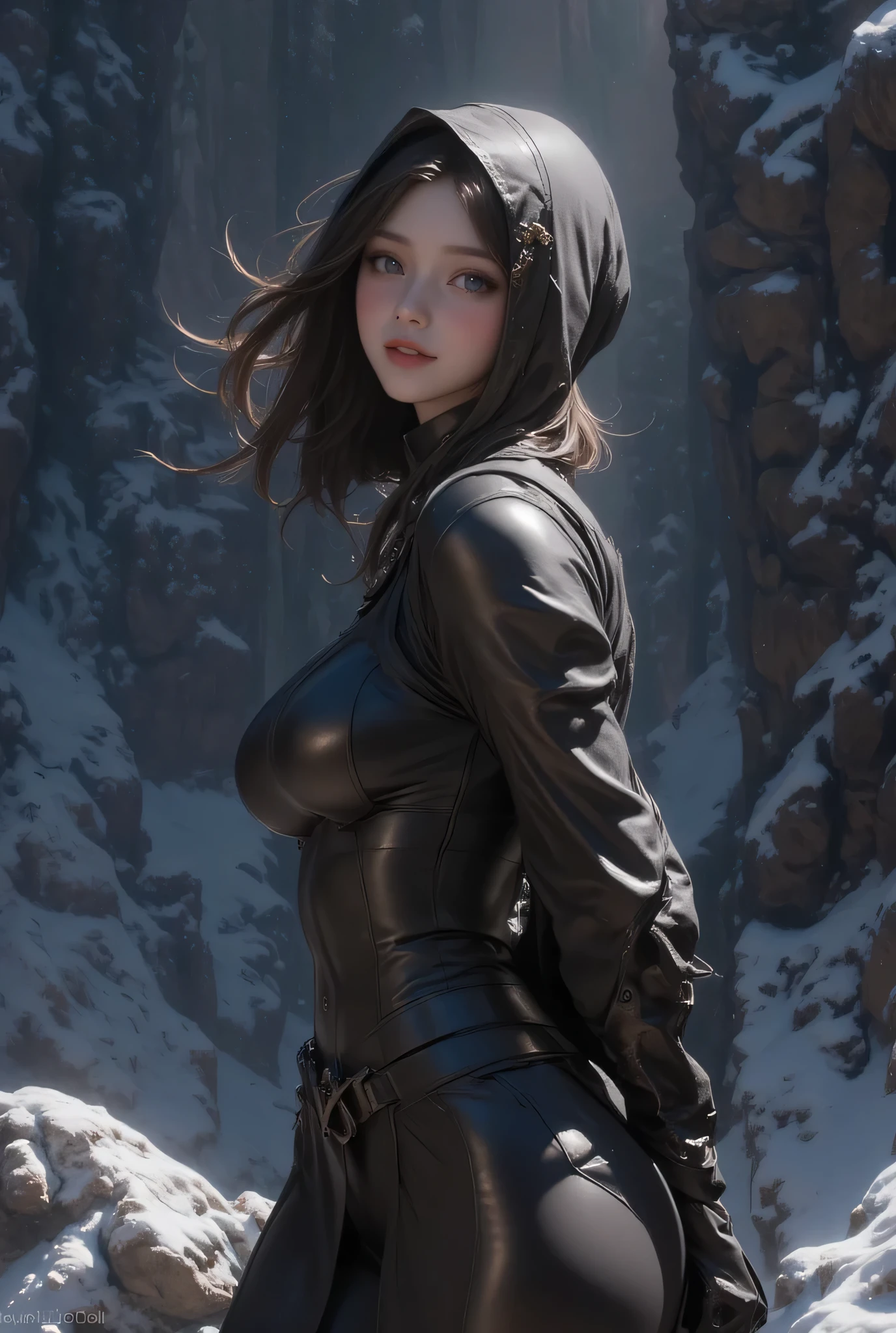 (ultra Realistic) , (illustration), (Enhance resolution), (8k), ( Extremely Detailed), ( detailed face ), Slim Body, in the dark , deep shadow, low profile, pureerosfaceace_v1, Happy smile, Winter, Mountain