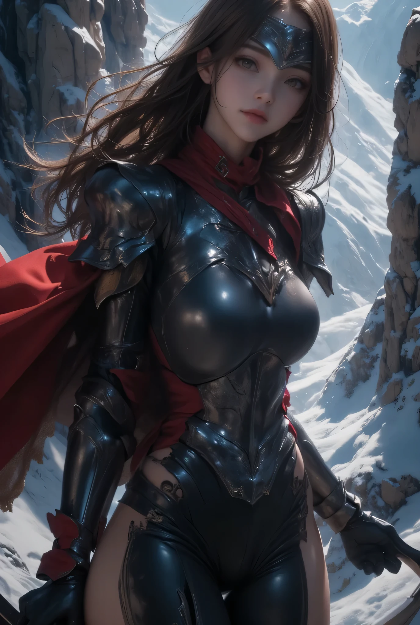 (ultra Realistic) , (illustration), (Enhance resolution), (8k), ( Extremely Detailed), ( detailed face ), Slim Body, in the dark , deep shadow, low profile, pureerosfaceace_v1, Happy smile, Winter, Mountain