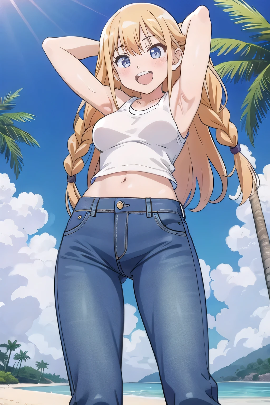 masterpiece,best quality,ultra detail, ((Perfect Face, Perfect Arms, Perfect hands, Perfect Fingers)), 1girl, , peti ((round face, ecstasy, orgasm face, drooping eyes, shame smiling, blush)), dropping eyes, sleepy, Open mouth, ((White teeth)), background((under the beach, (day:1.2), palm tree, bright sky)), eiko tsukimi, blonde hair, blue eyes, braid, twin braids, (long hair:1.4), (medium breast:1.2), ((arms behind head, hands behind head, fingers behind head)), ((contrapposto)), spread armpits, looking at viewer,, (white tank top:1.2), (white crop top:1.2), (jeans pants:1.2, flares jeans:1.2, skinny jeans:1.2, blue jeans:1.2), standing, (legs spread:1.4), sex pose, Sweaty crotch, Steam from the crotch, from below, whole body